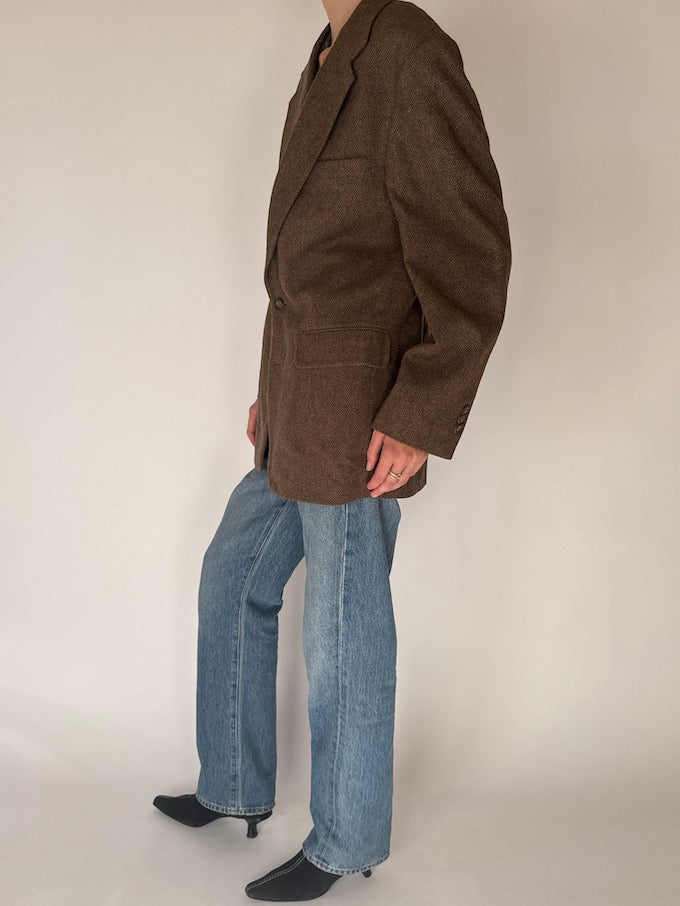 Vintage Herringbone Wool Blazer Brown