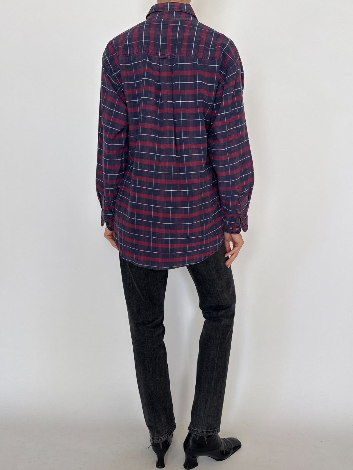 Vintage navy and burgundy plaid shirt SKU 8431