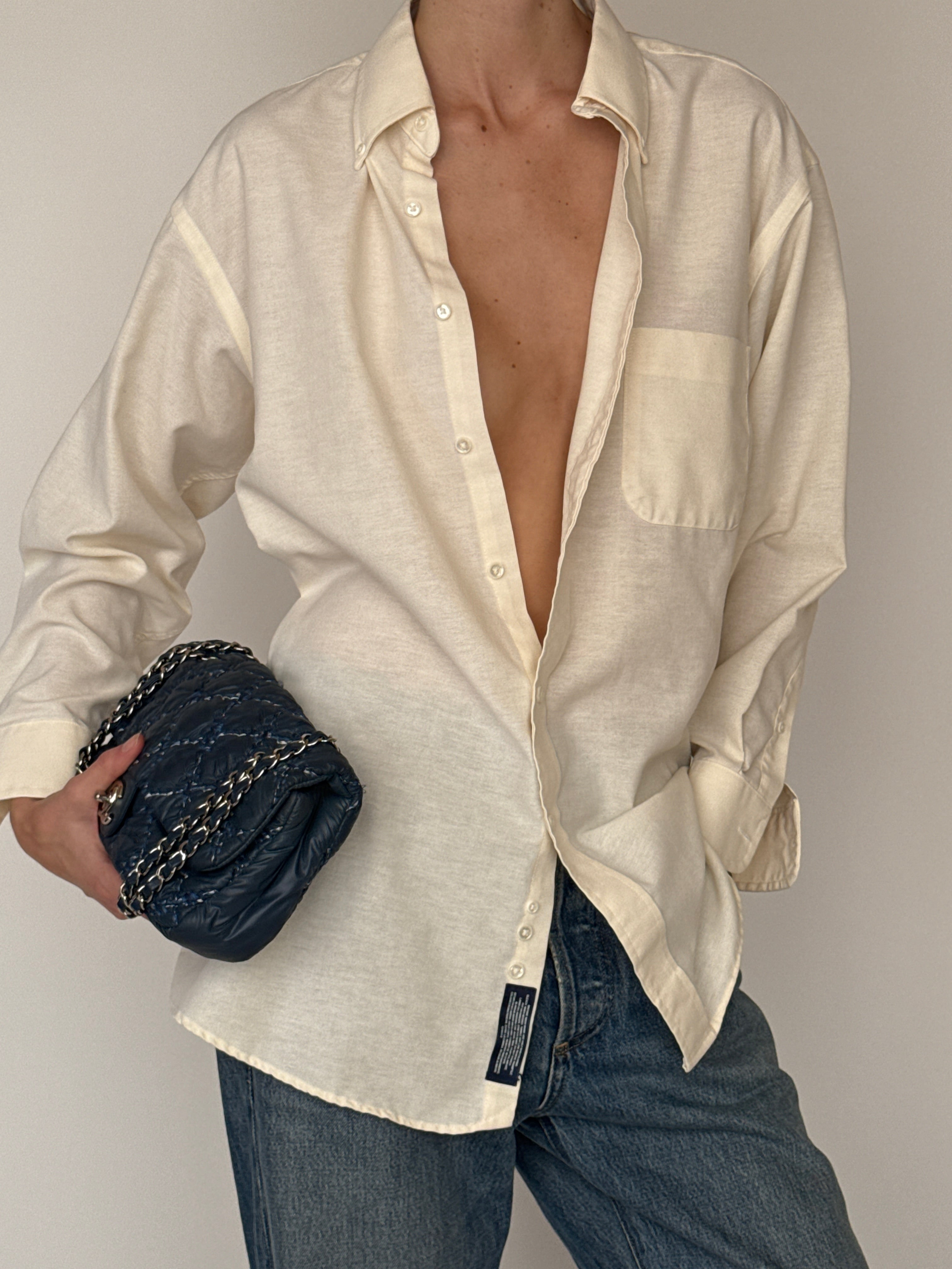 Vintage cream oversized button up shirt front view