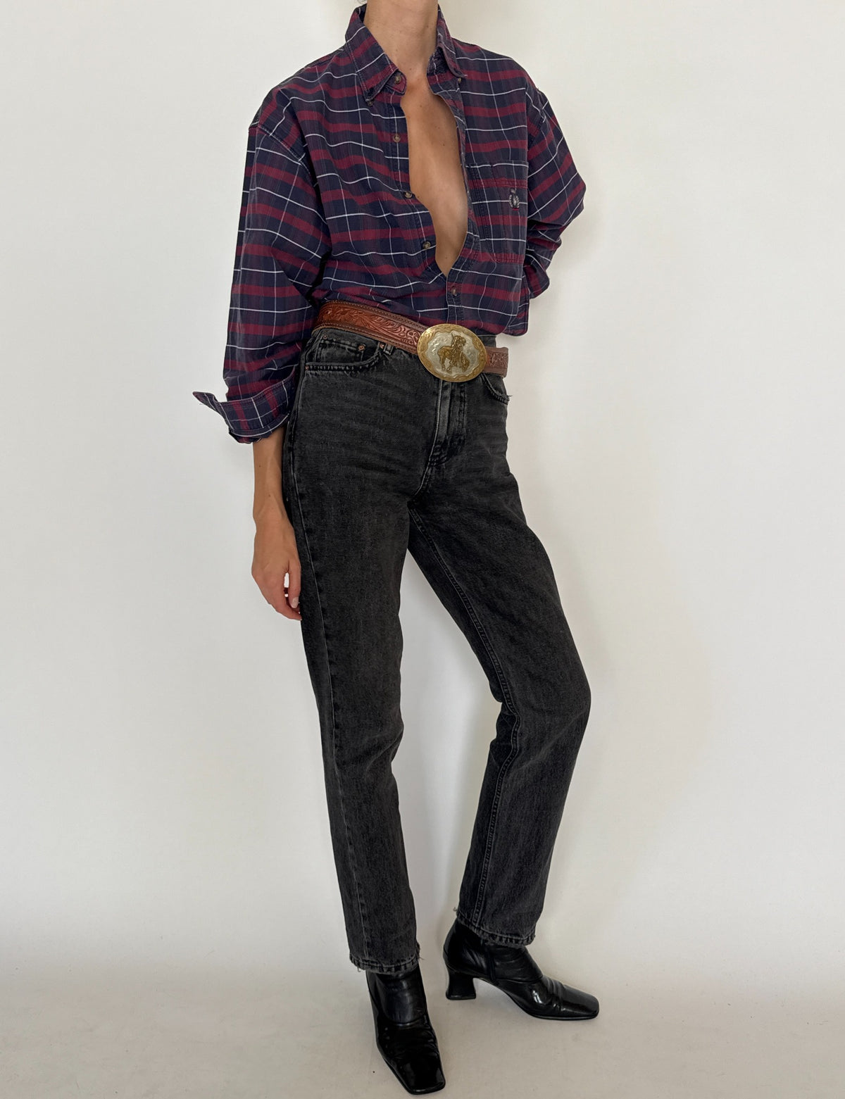 Vintage navy and burgundy plaid shirt SKU 8431
