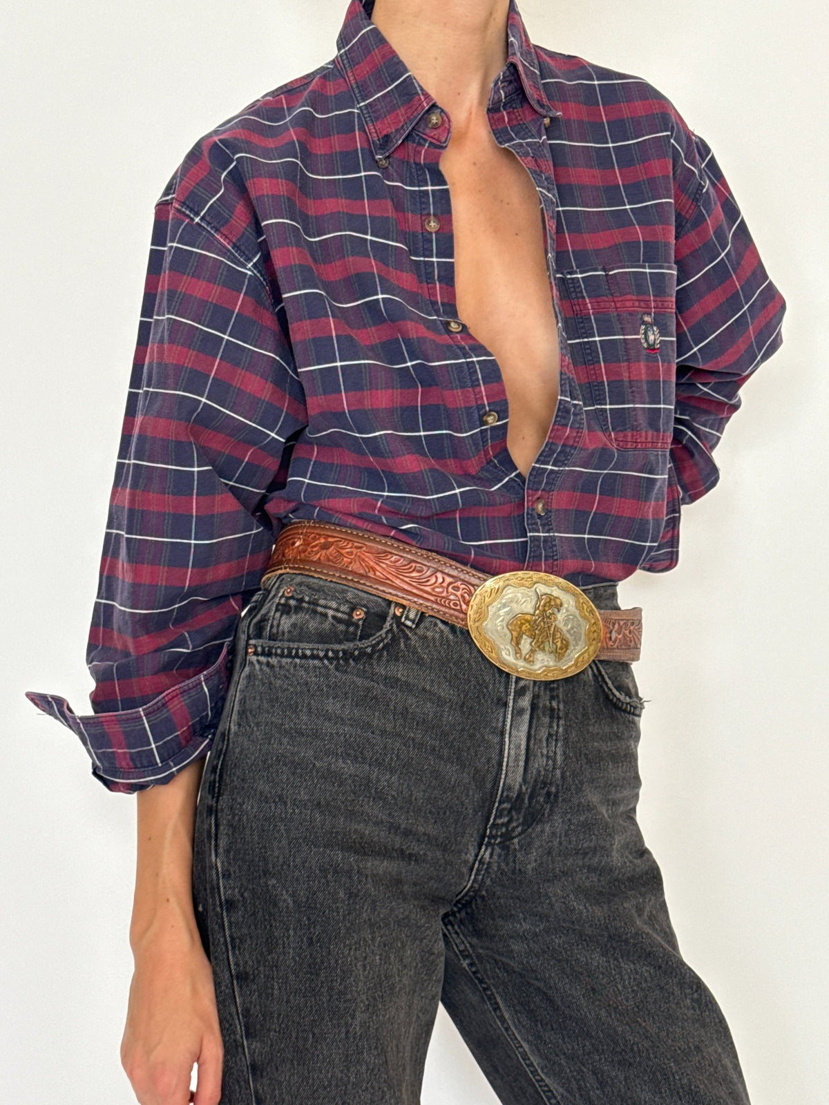Vintage navy and burgundy plaid shirt SKU 8431