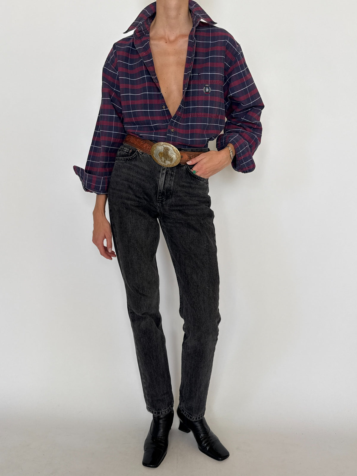 Vintage navy and burgundy plaid shirt SKU 8431