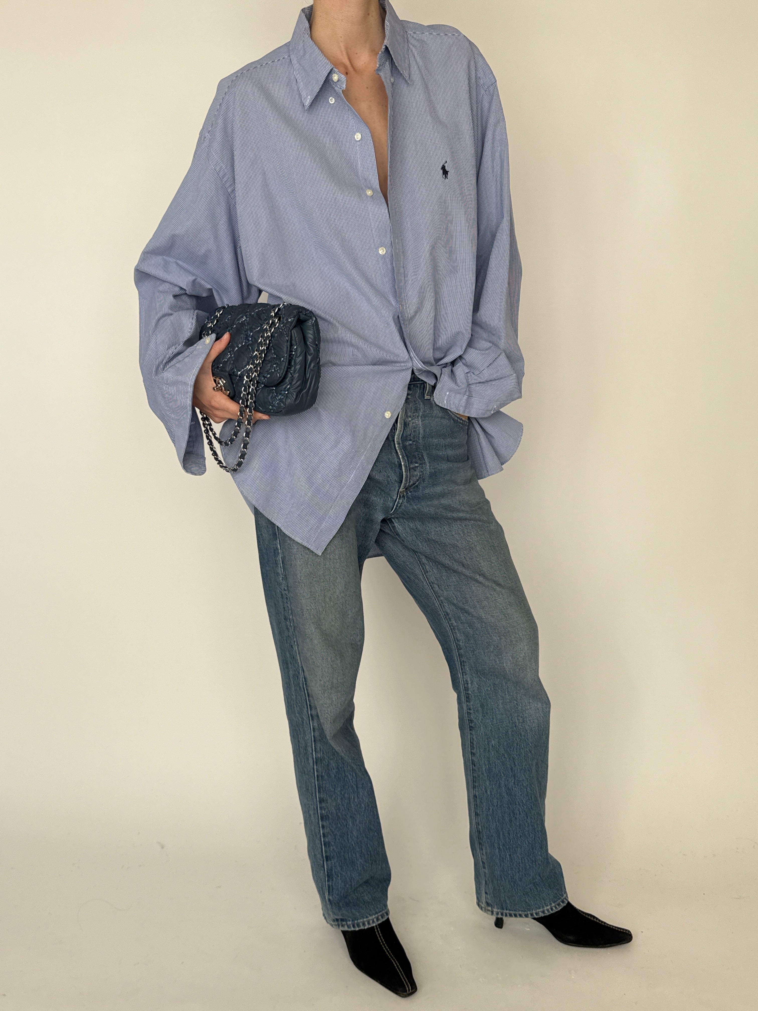 Vintage Ralph Lauren blue gingham button-down shirt back view styled out