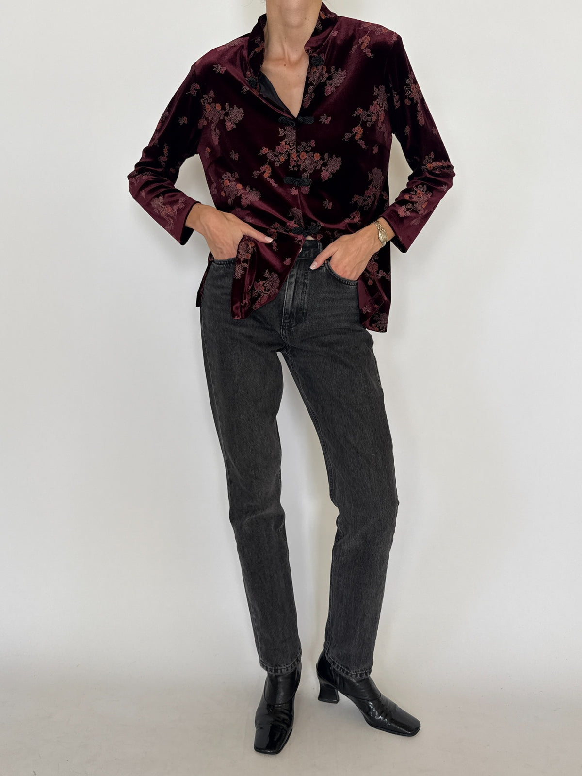 Vintage Asian-Inspired Floral Velvet Mandarin Collar Top Plum 8454