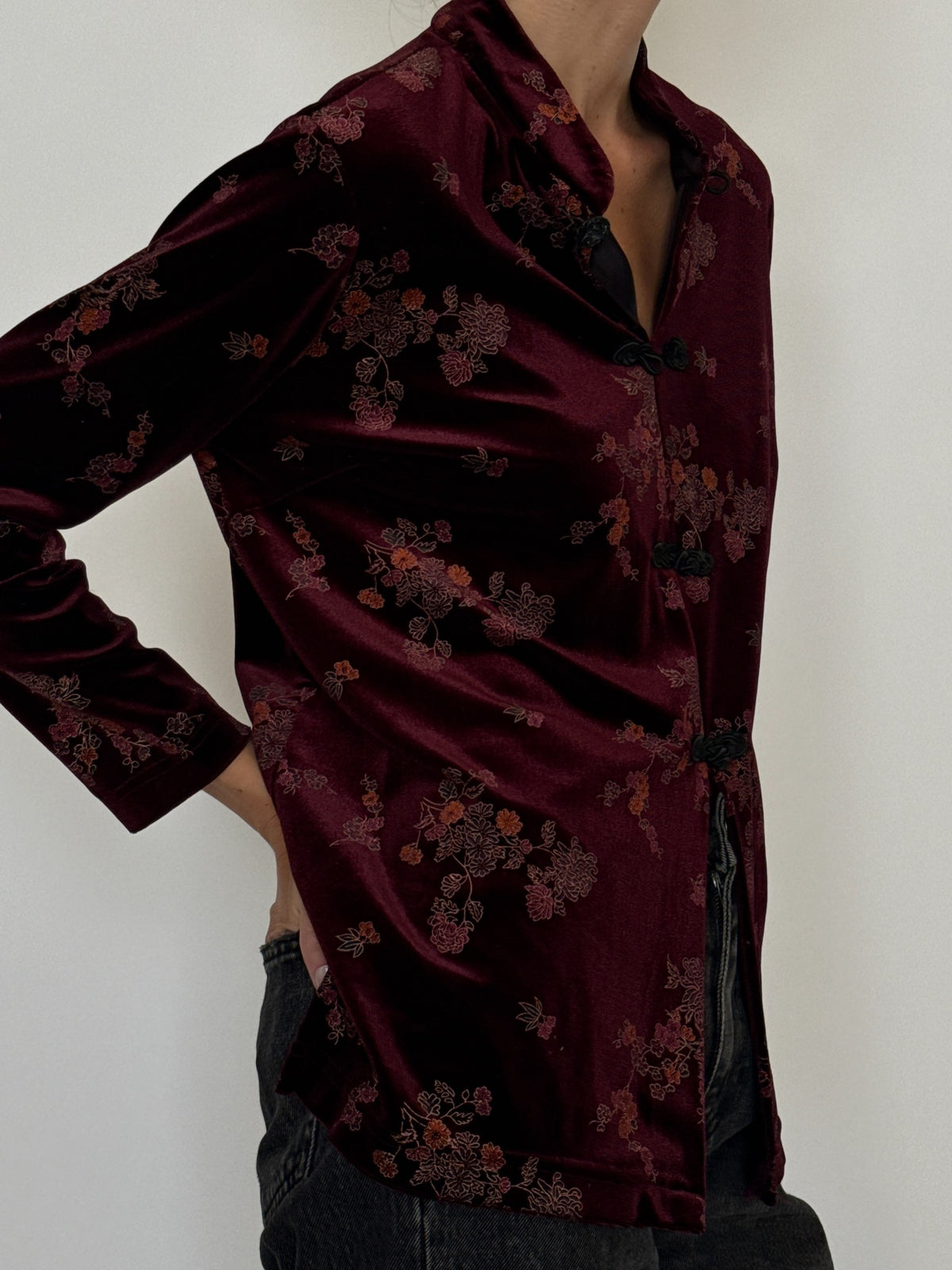 Vintage Asian-Inspired Floral Velvet Mandarin Collar Top Plum 8454