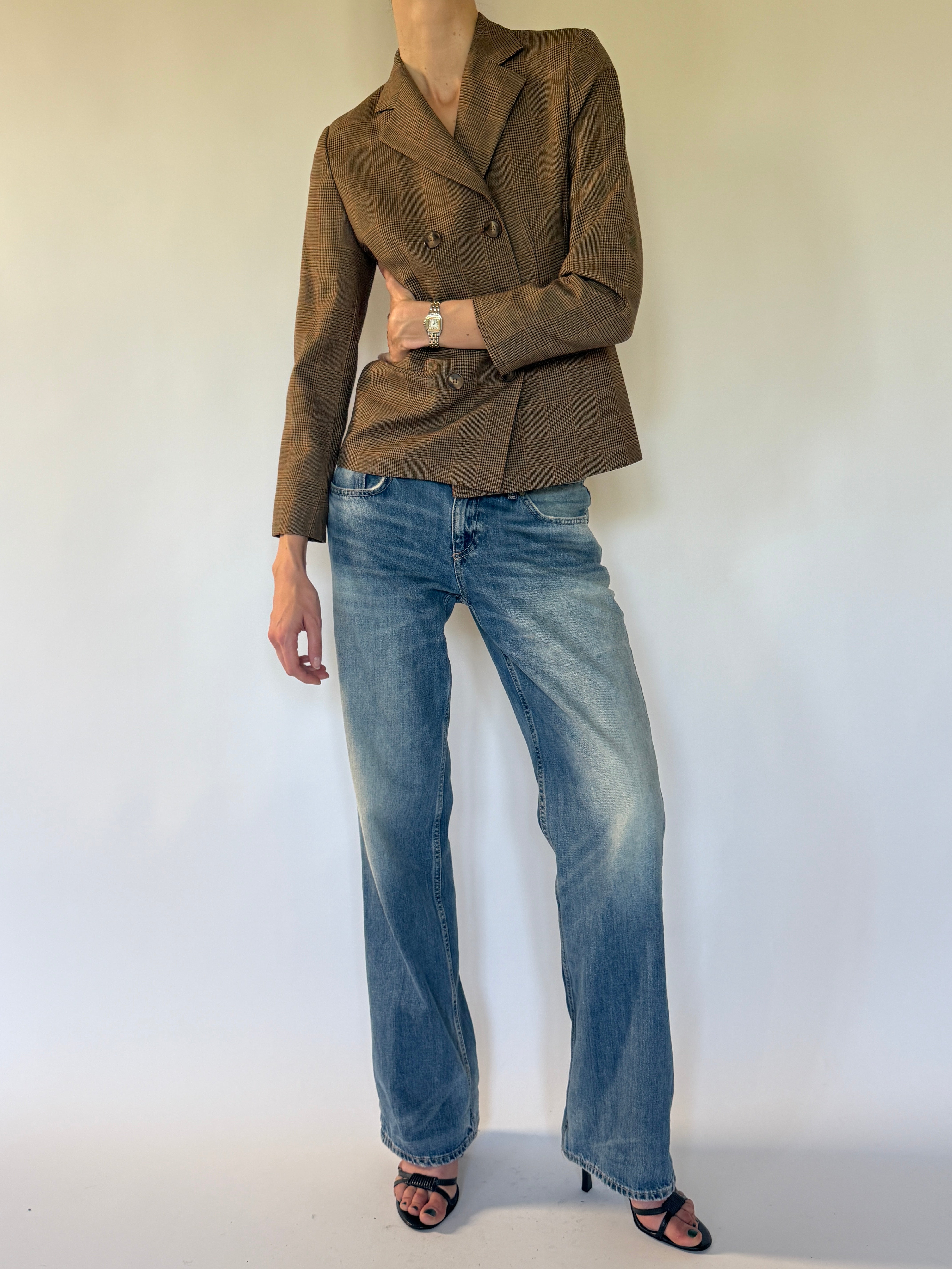 Vintage brown plaid wool blazer front view