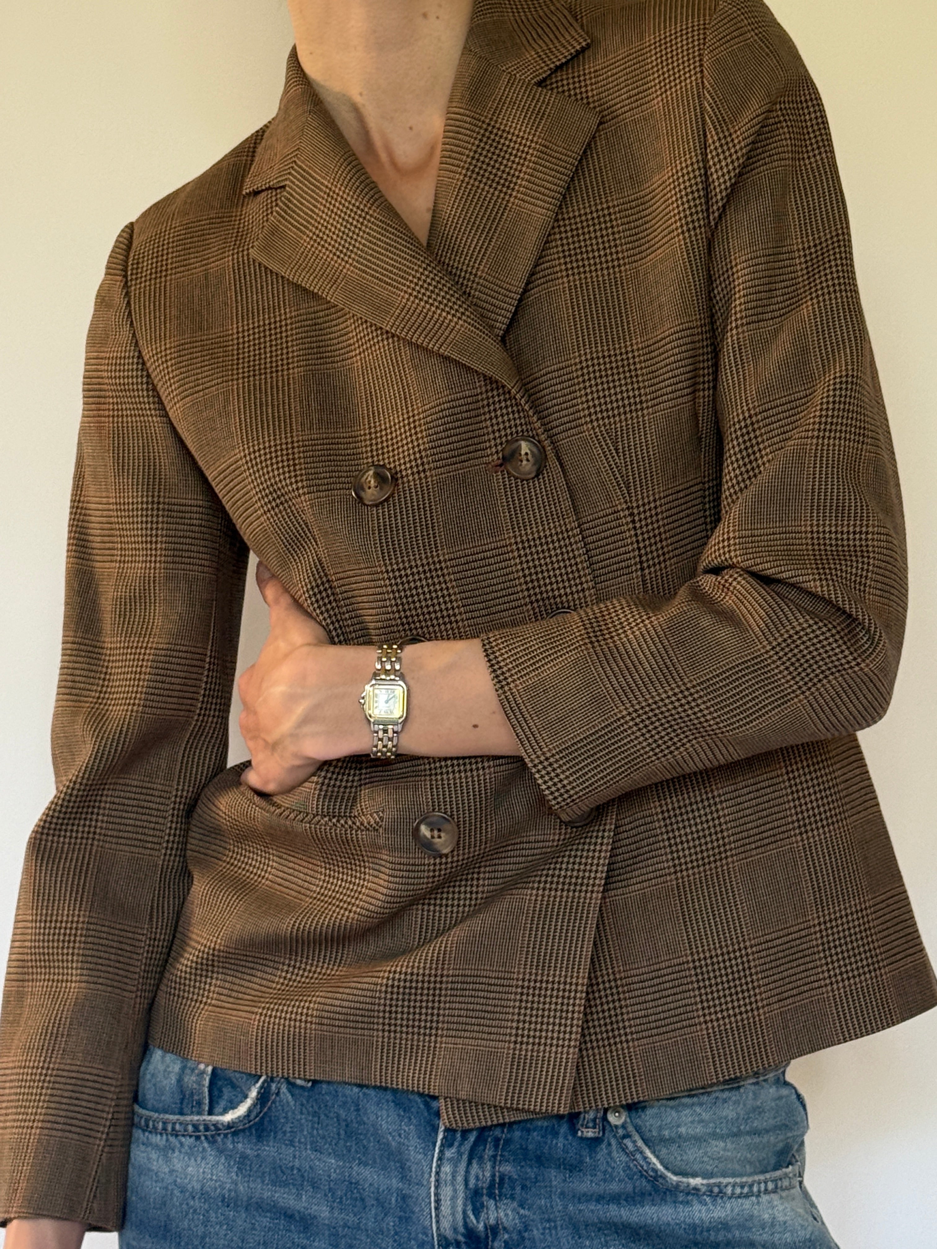 Vintage brown plaid wool blazer front view