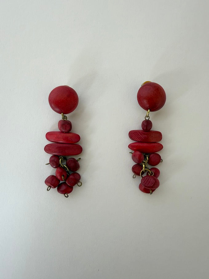 VINTAGE HANDCRAFTED EARRINGS FEATURING RICH, RED WOOD BEADS