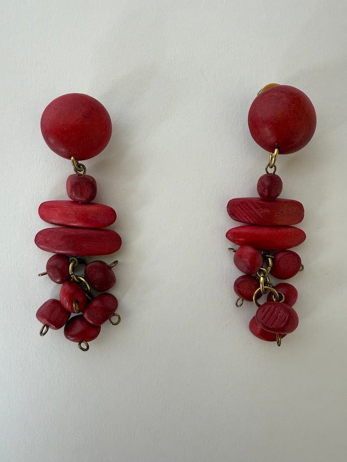 VINTAGE HANDCRAFTED EARRINGS FEATURING RICH, RED WOOD BEADS
