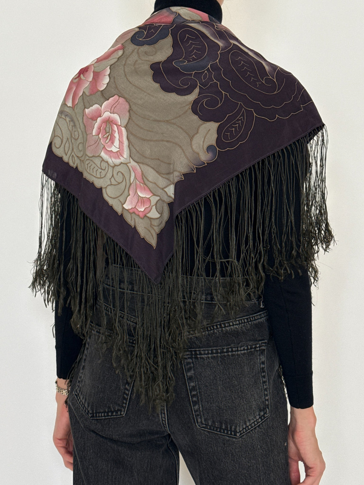 Vintage handmade floral pure silk fringe shawl