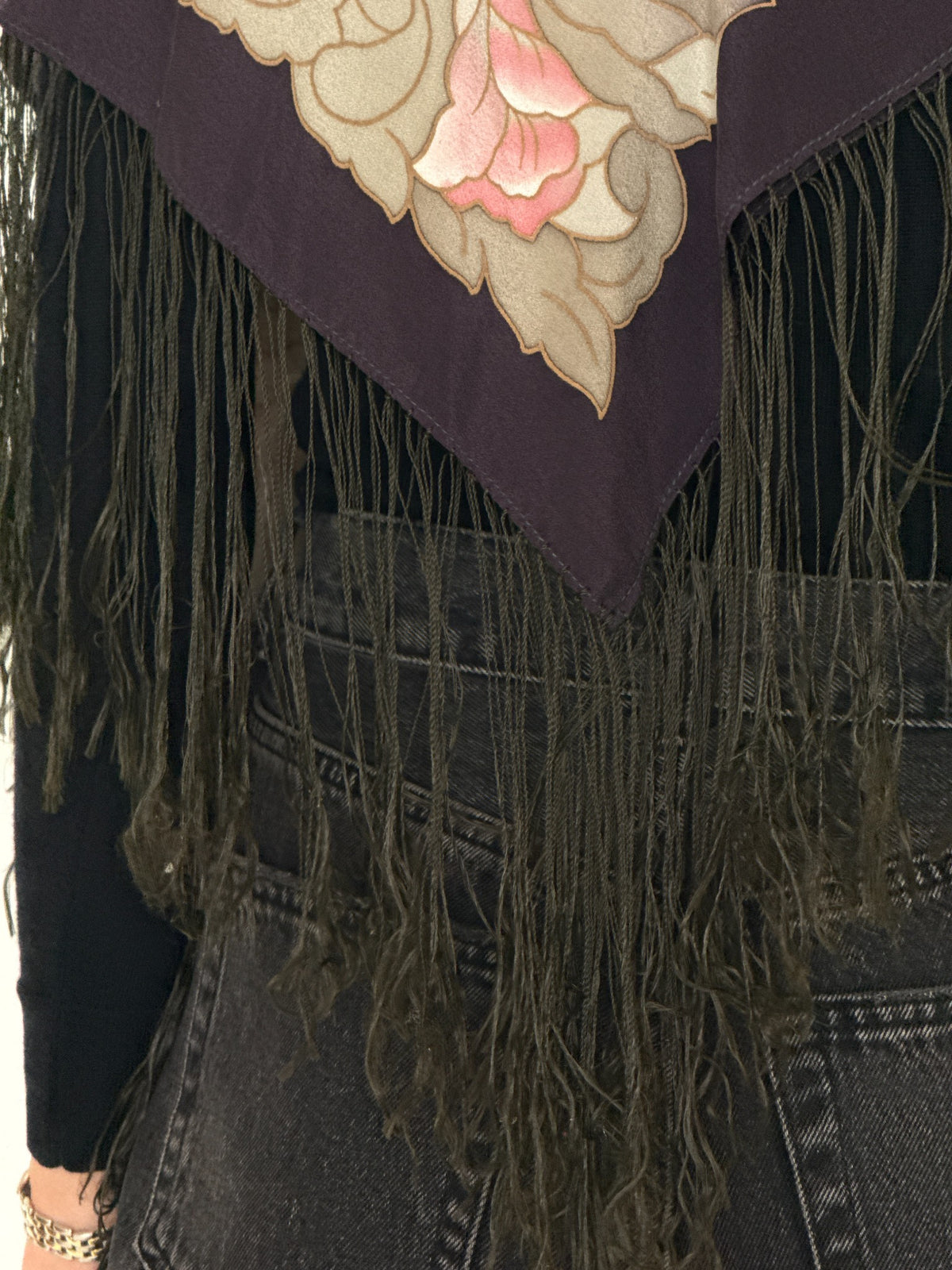 Vintage handmade floral pure silk fringe shawl