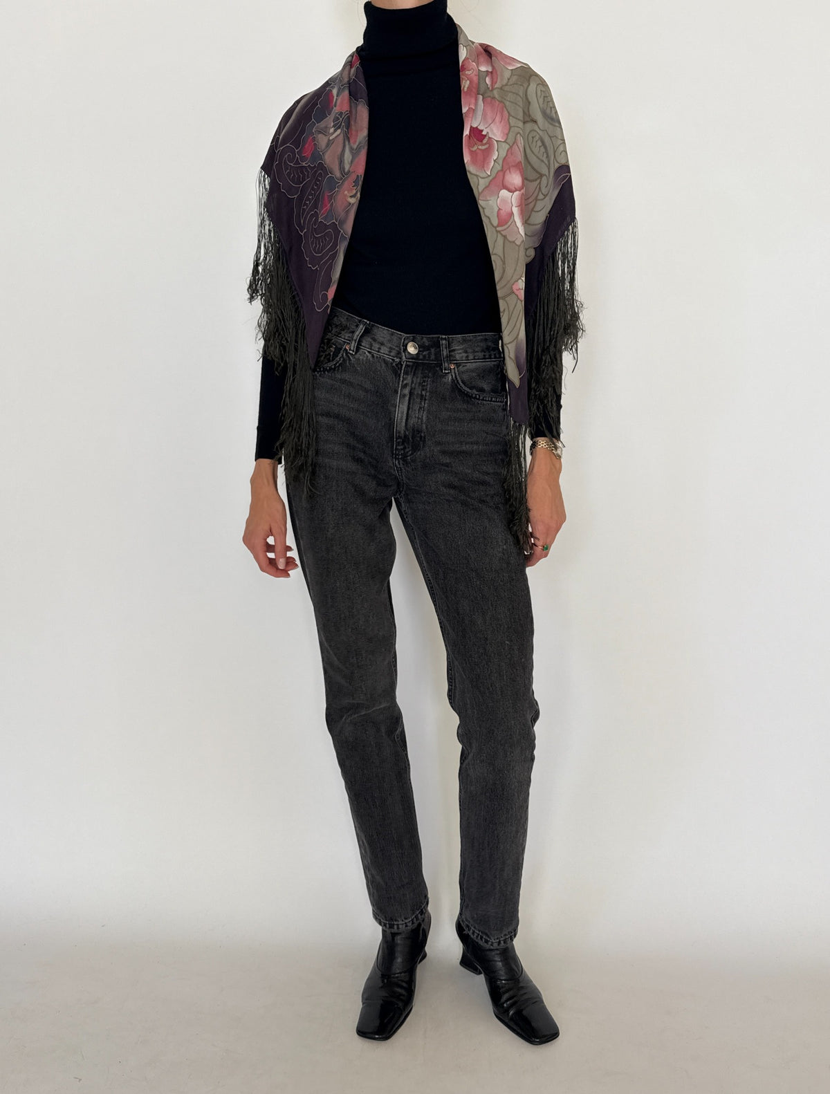 Vintage handmade floral pure silk fringe shawl