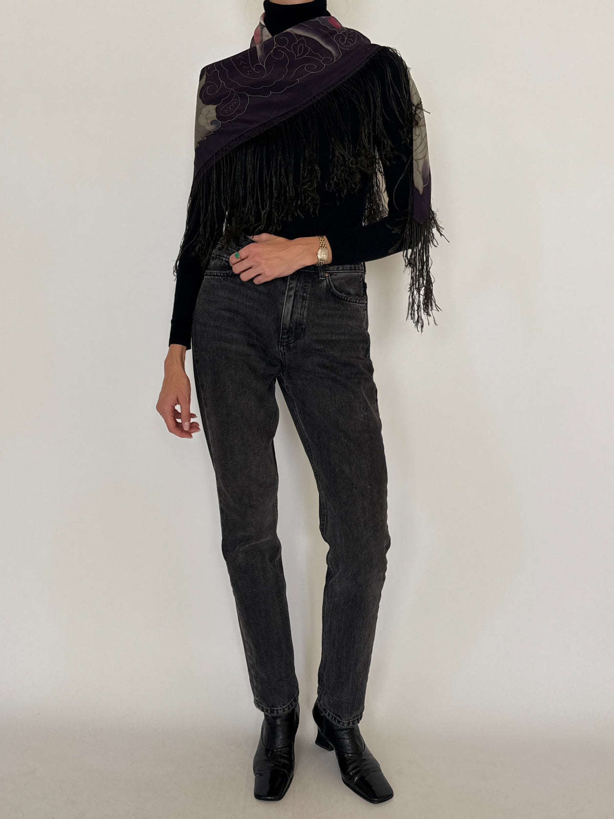 Vintage handmade floral pure silk fringe shawl