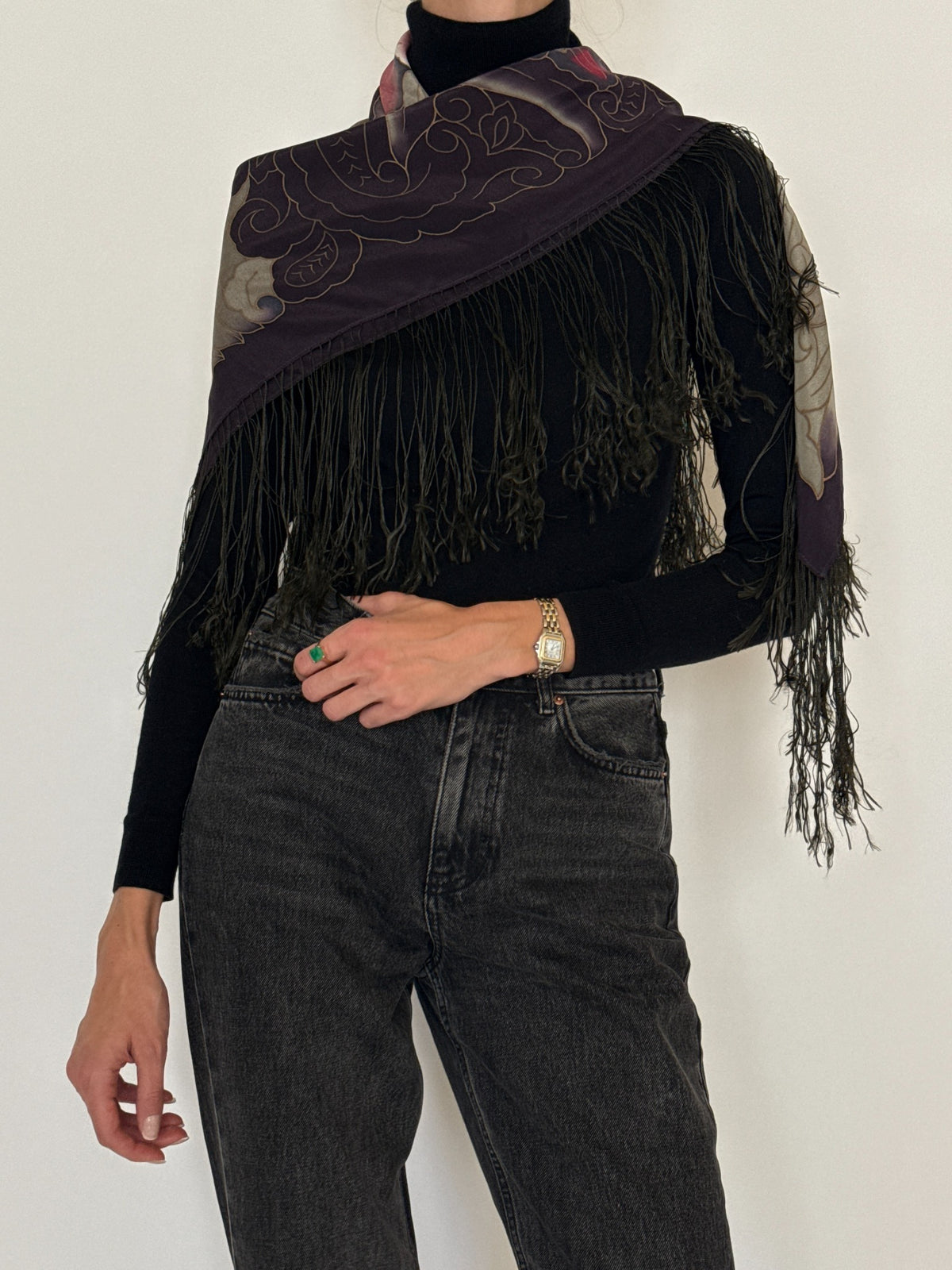 Vintage handmade floral pure silk fringe shawl