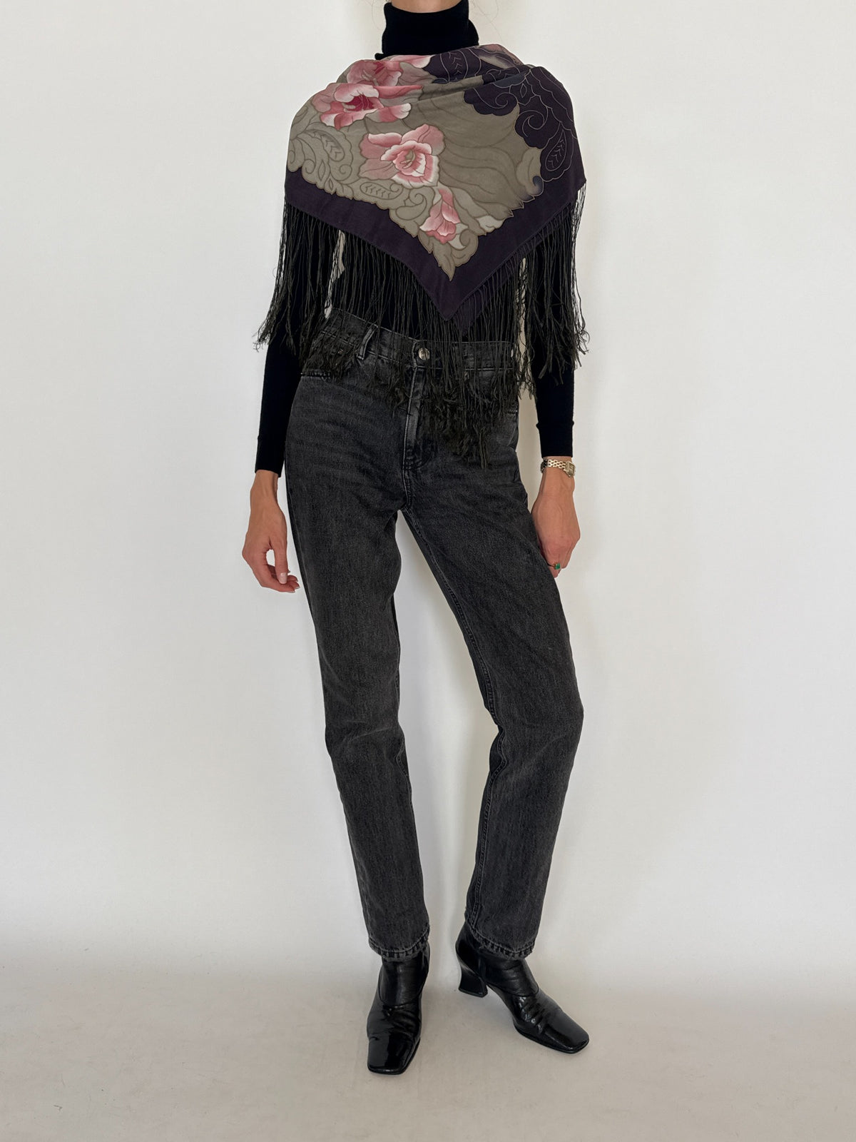 Vintage handmade floral pure silk fringe shawl