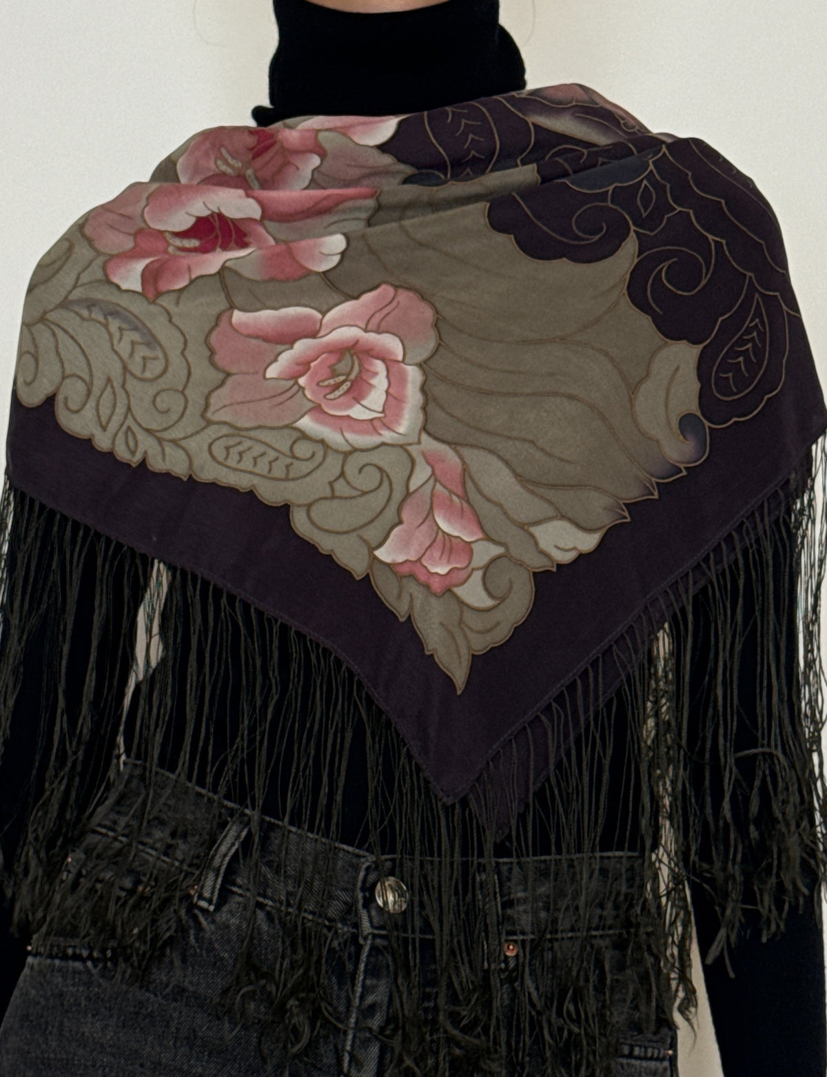 Vintage handmade floral pure silk fringe shawl