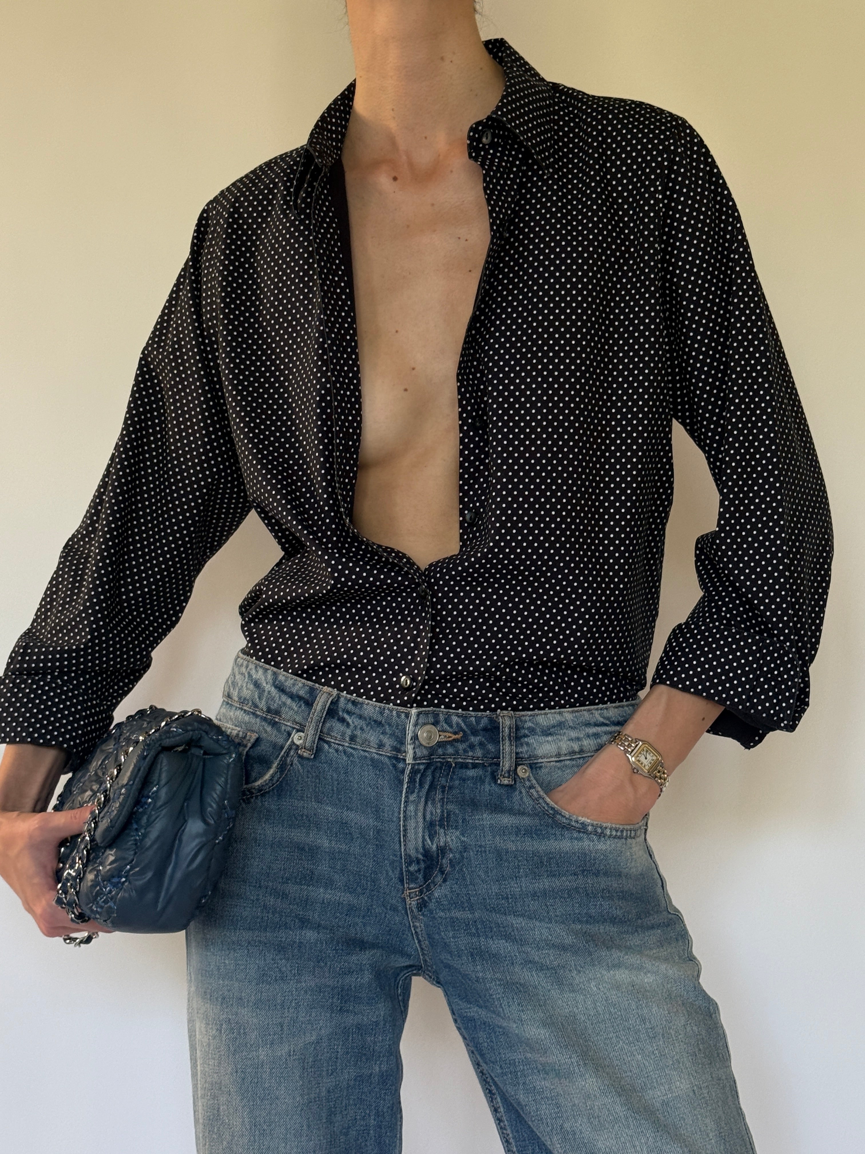 Vintage black polka dot shirt front view