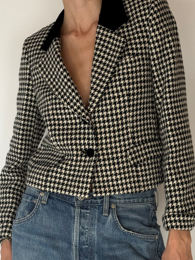 Vintage Houndstooth Cropped Wool-Blend Blazer 6697