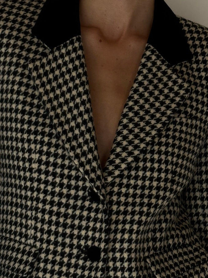 Vintage Houndstooth Cropped Wool-Blend Blazer 6697