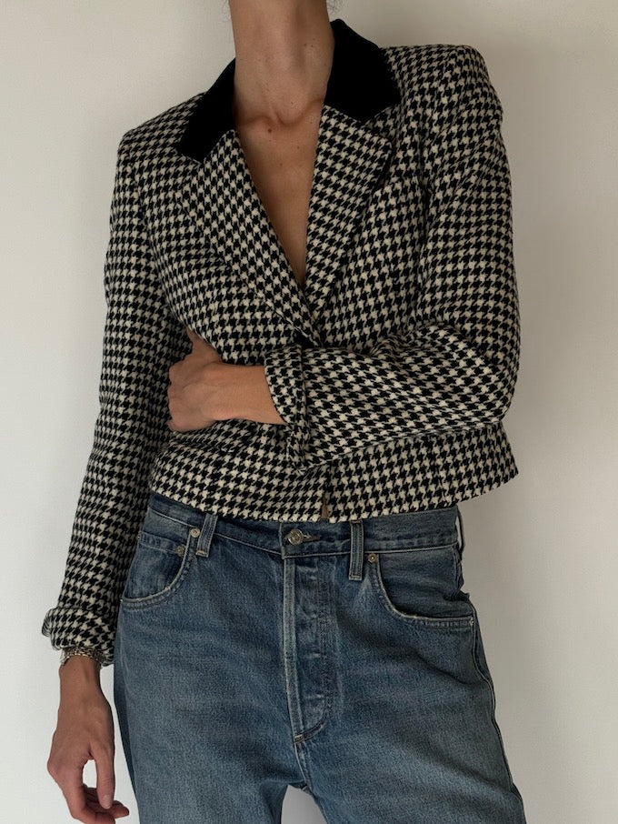 Vintage Houndstooth Cropped Wool-Blend Blazer 6697