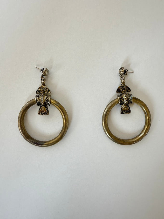 Vintage Ornate Brass Hoop dangle Earrings