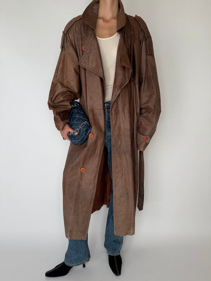Vintage Oversized Long Trench Leather Coat Brown 5898