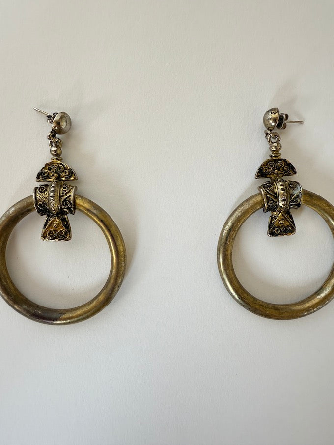 Vintage Ornate Brass Hoop dangle Earrings