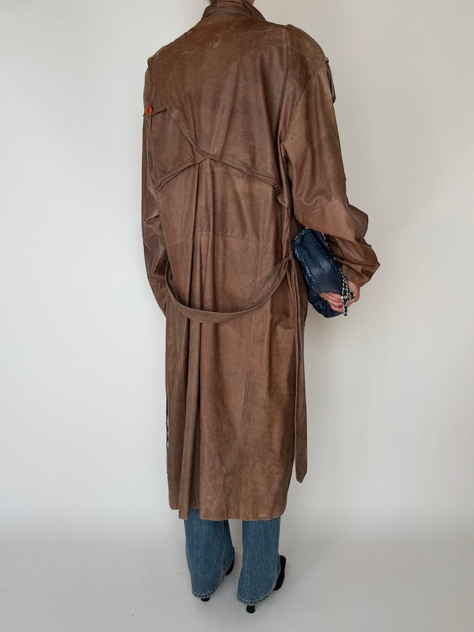 Vintage Oversized Long Trench Leather Coat Brown 5898
