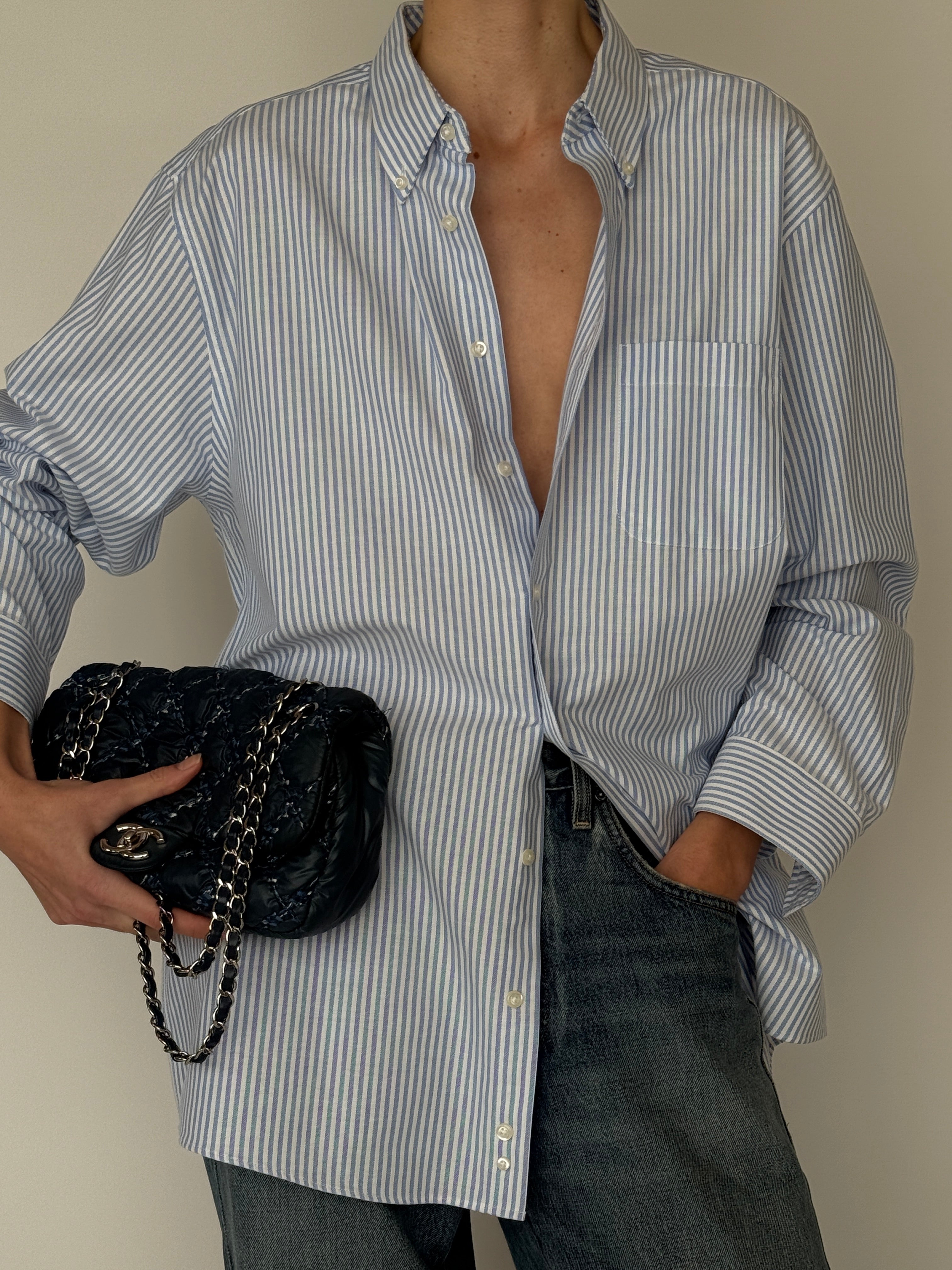 Vintage blue and white striped button-down shirt front view