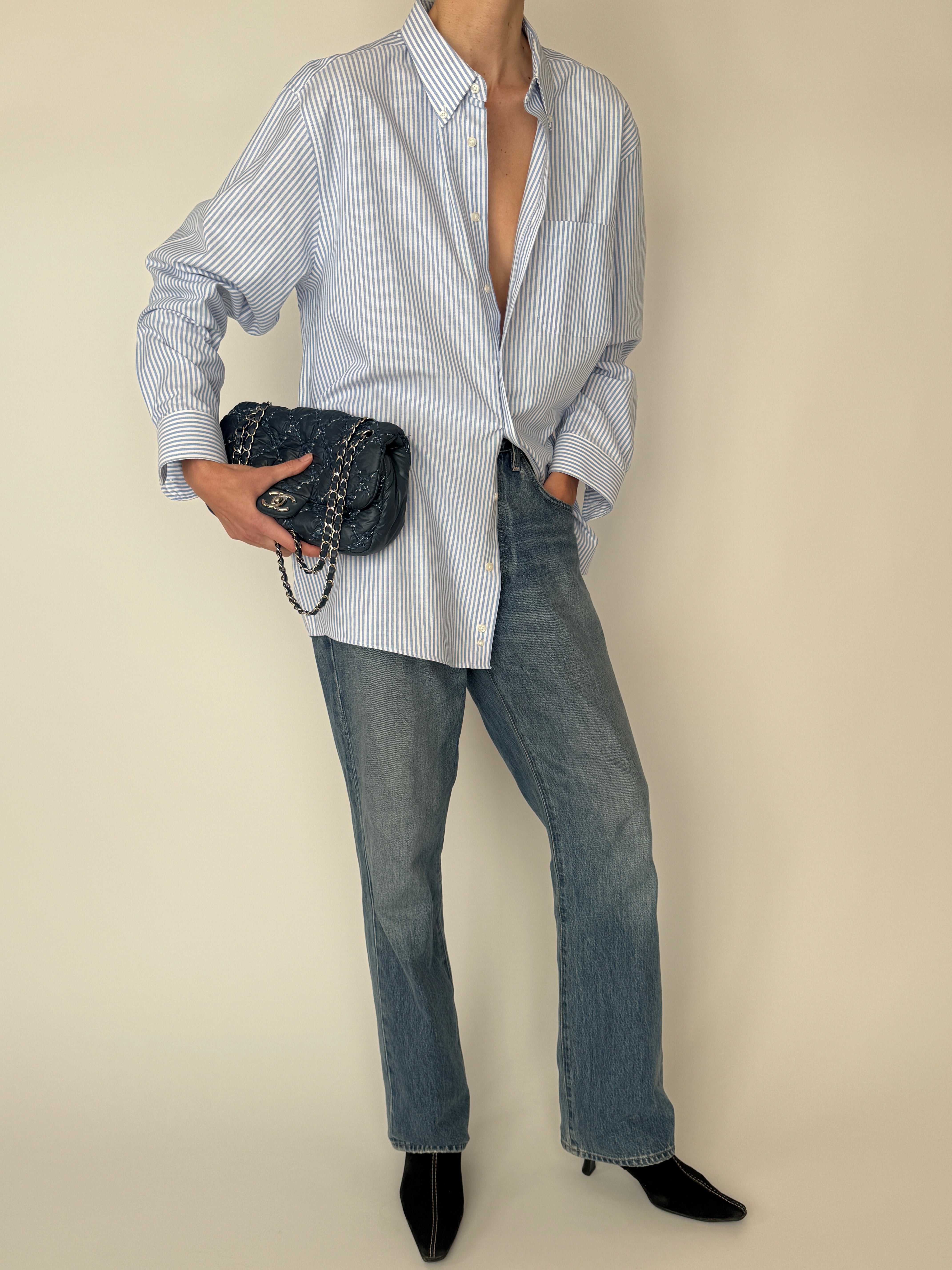 Vintage blue and white striped button-down shirt front view