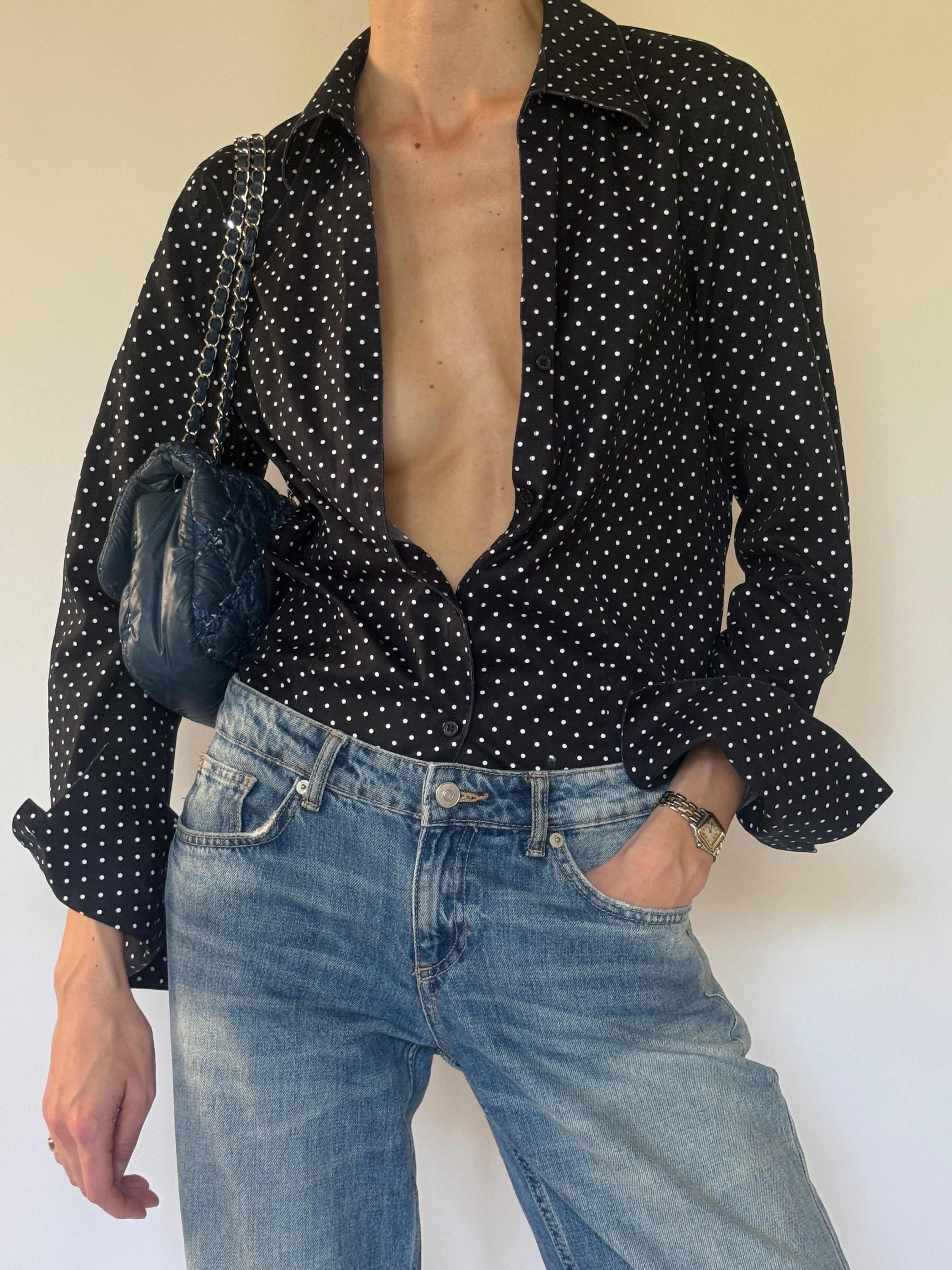 Vintage black polka dot shirt front view