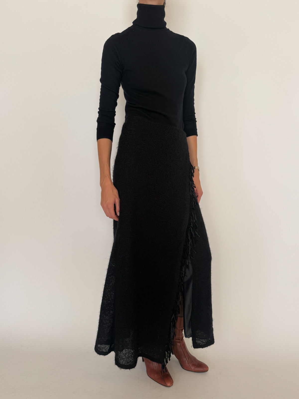 Vintage black wool blend fringe maxi skirt