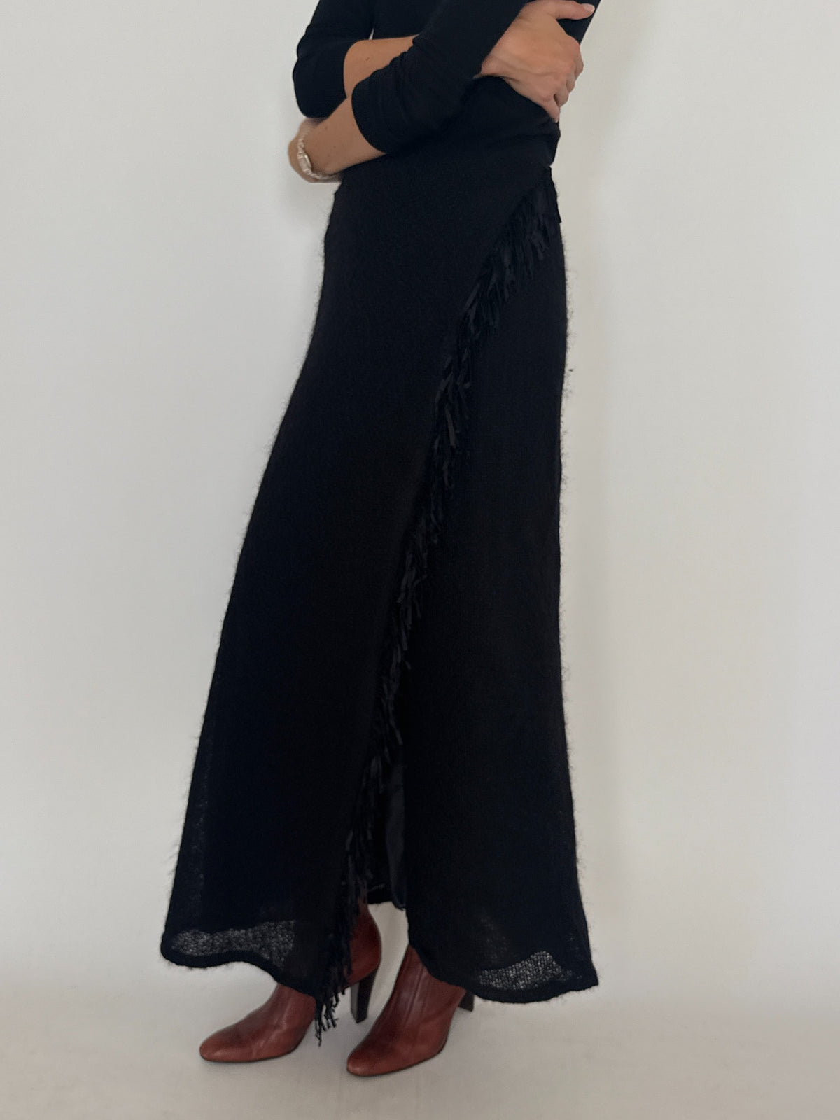 Vintage black wool blend fringe maxi skirt