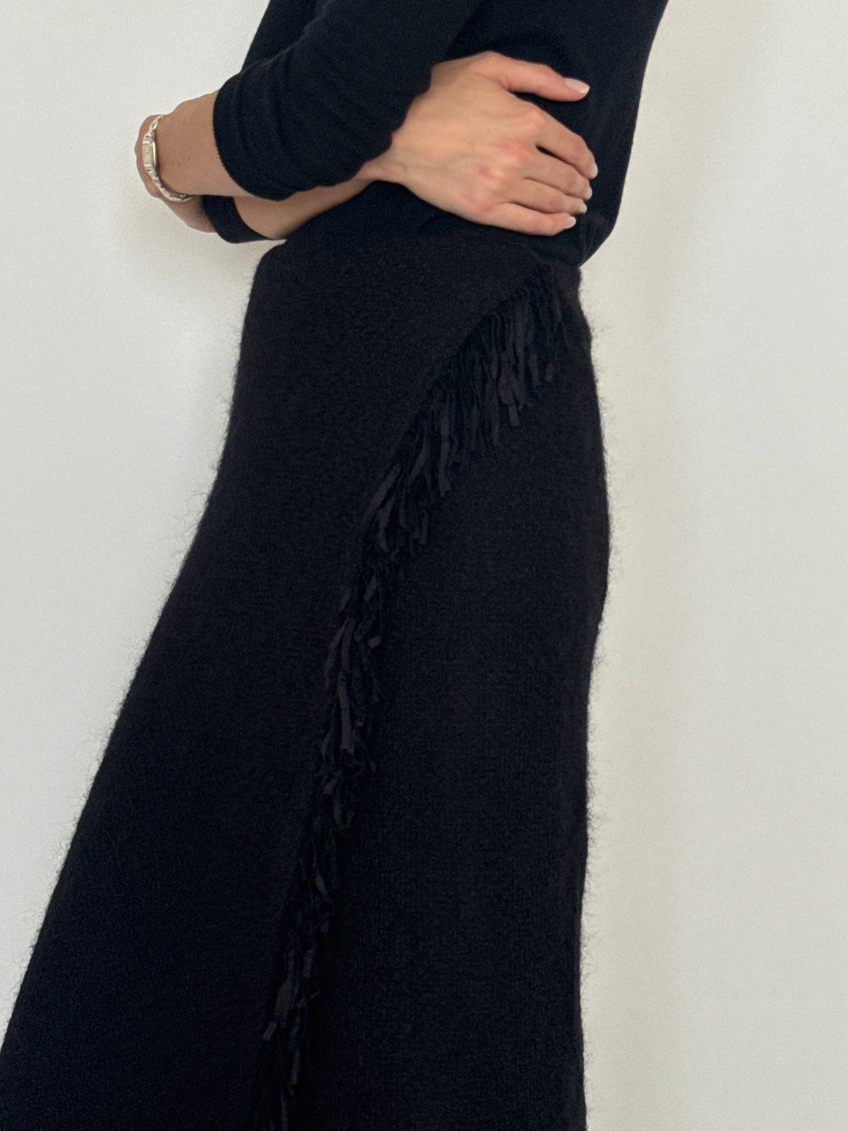 Vintage black wool blend fringe maxi skirt