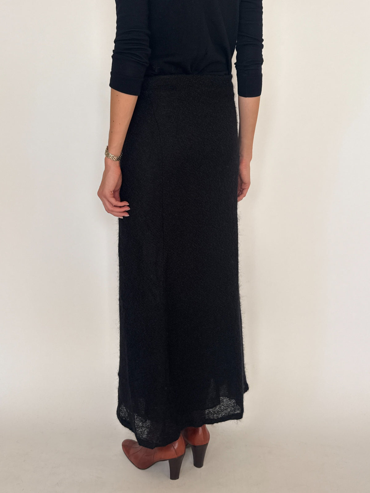 Vintage black wool blend fringe maxi skirt