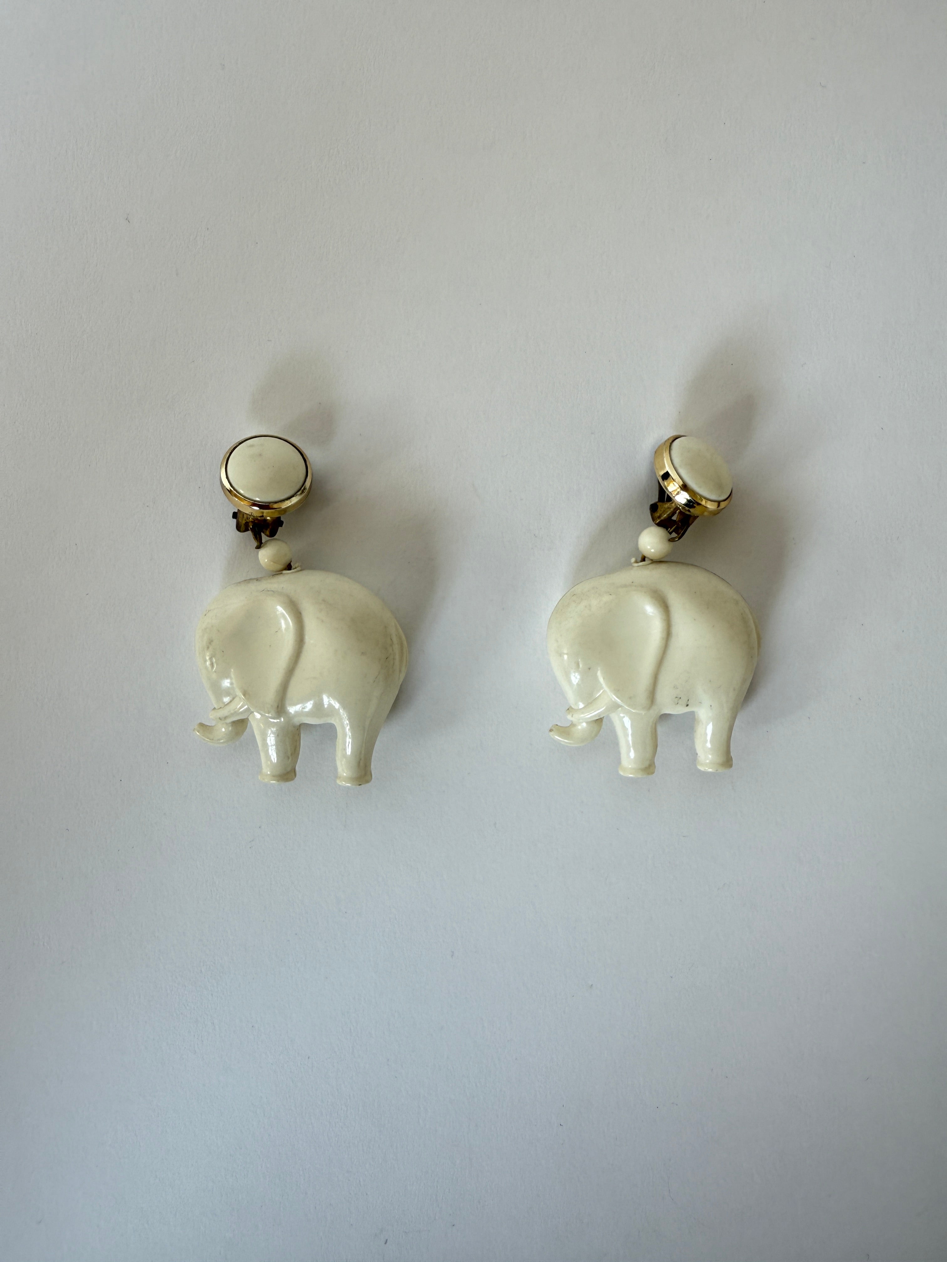 Vintage Ivory Elephant Dangle Clip-On Earrings