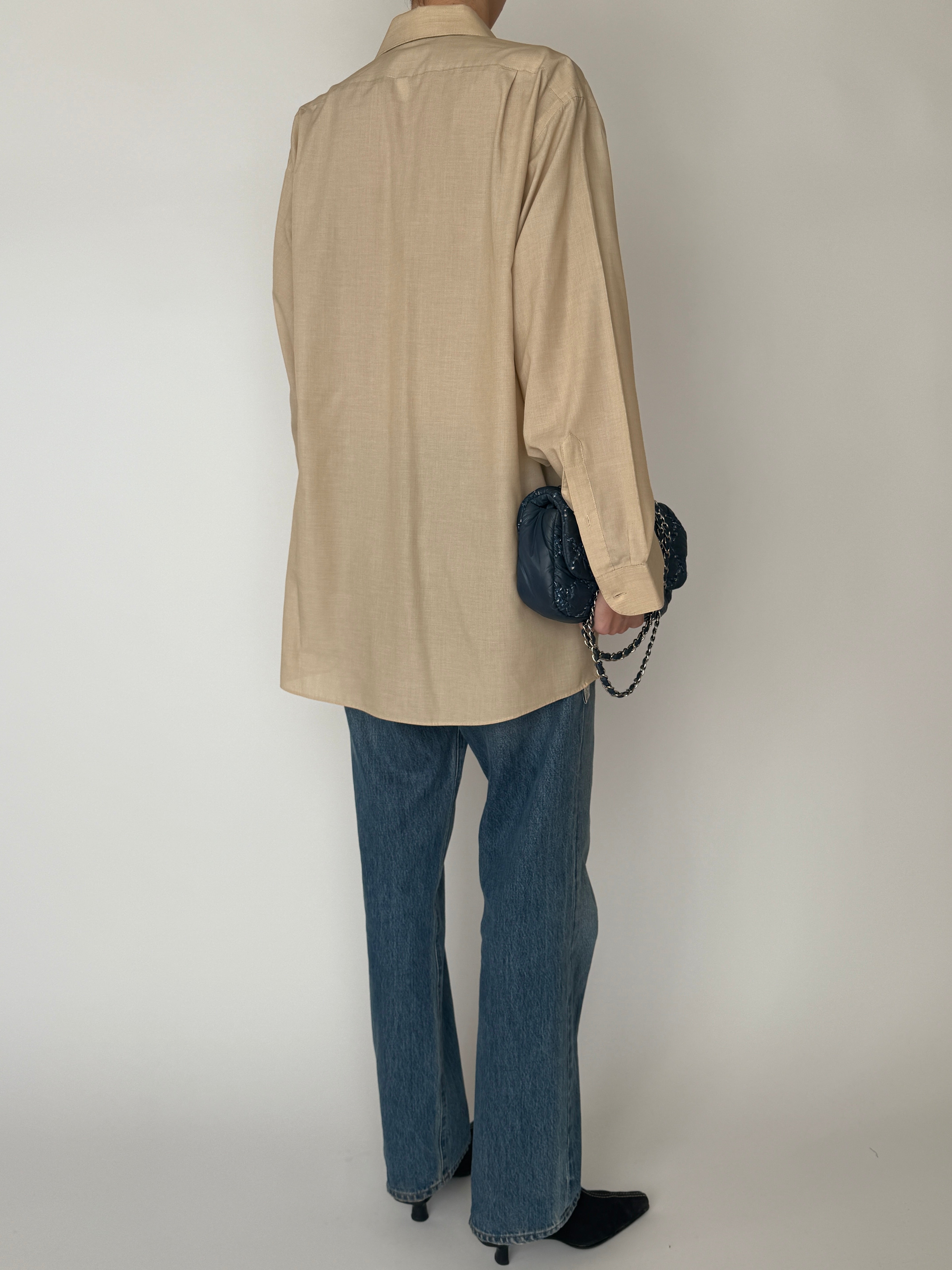 Vintage beige oversized button-up shirt back view