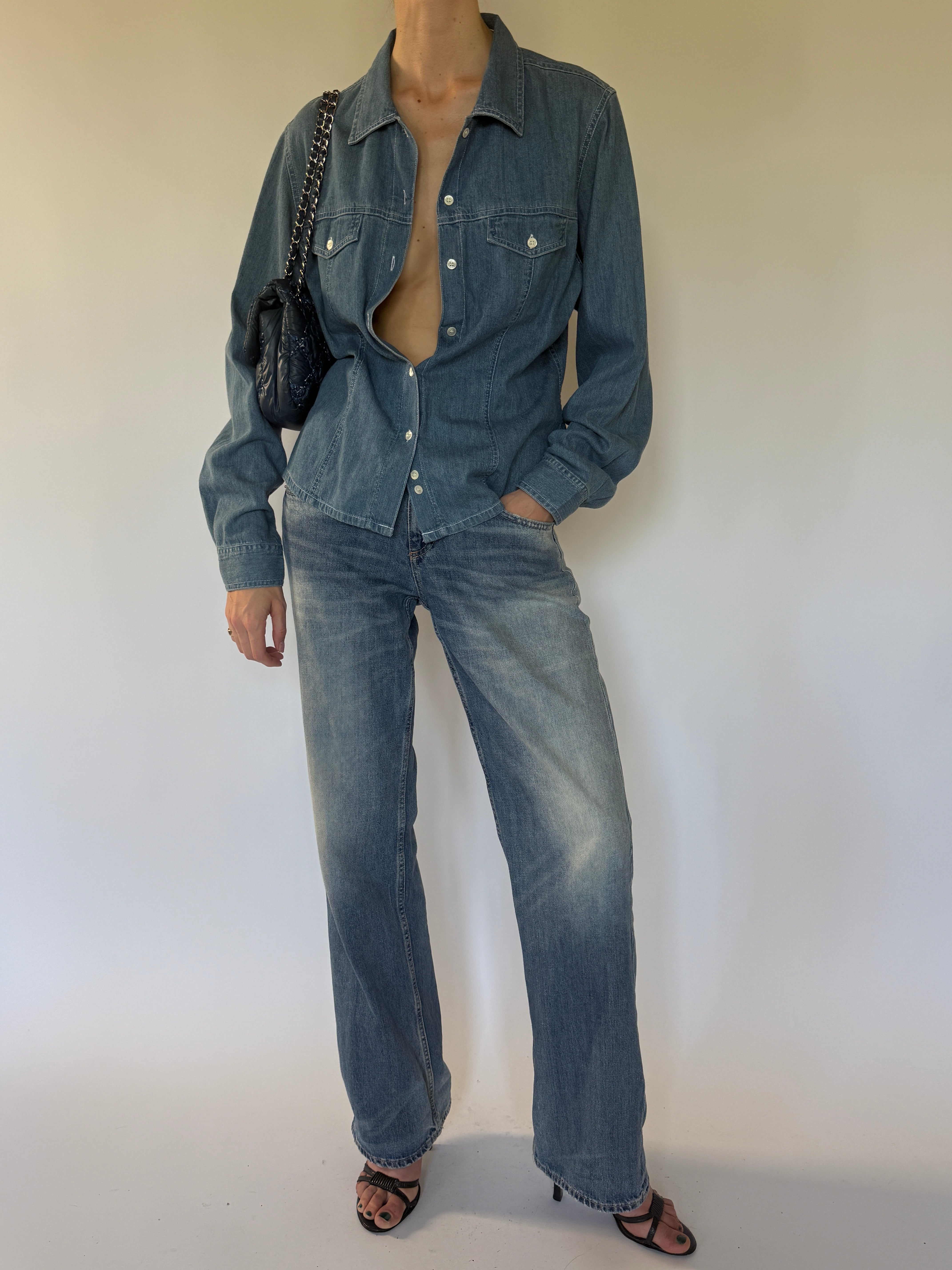 Vintage blue denim shirt front view