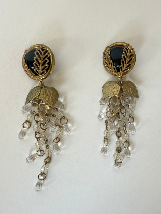 Vintage large Gold & Black toned Cabochon Statement Earrings