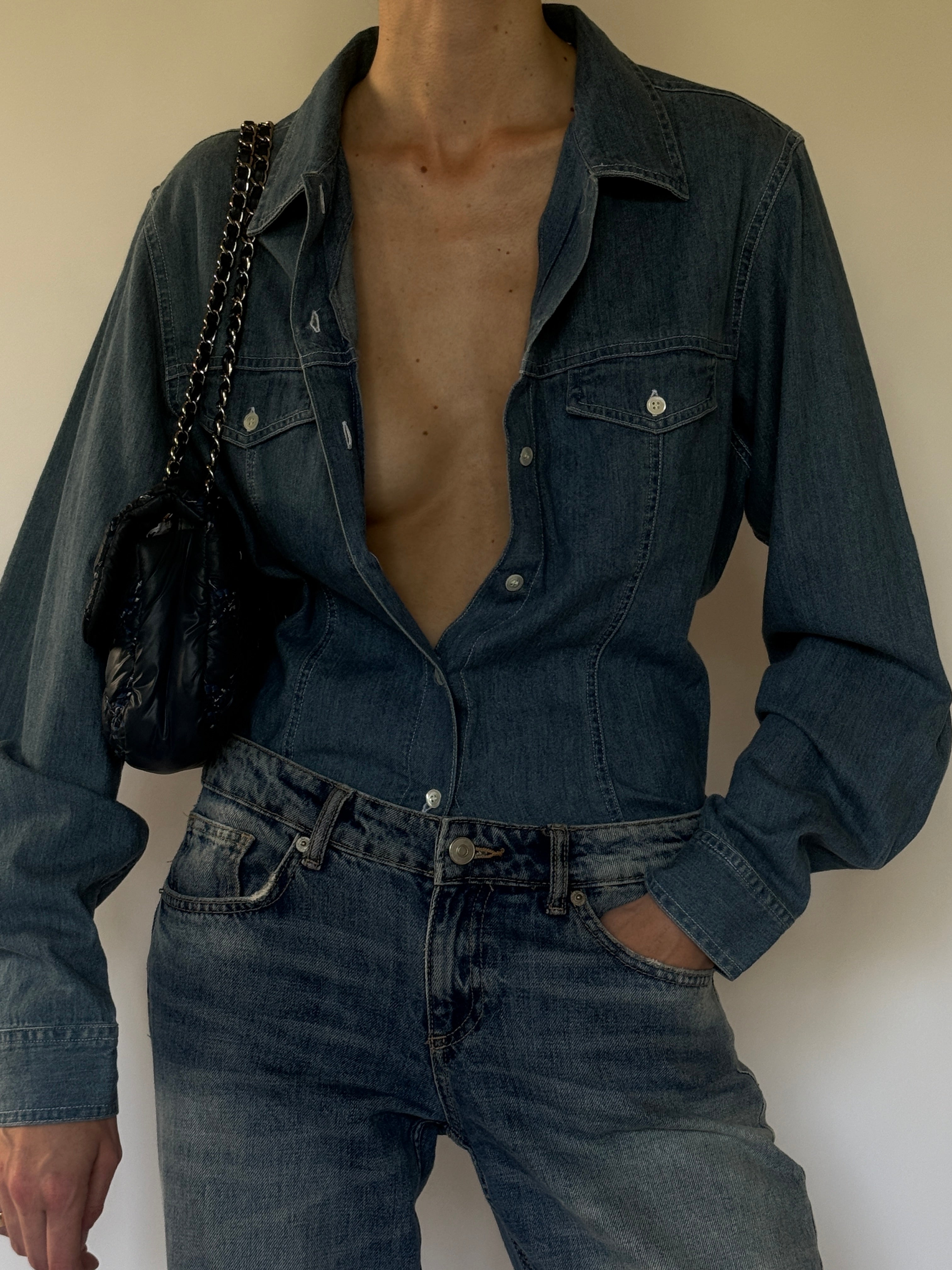 Vintage blue denim shirt front view