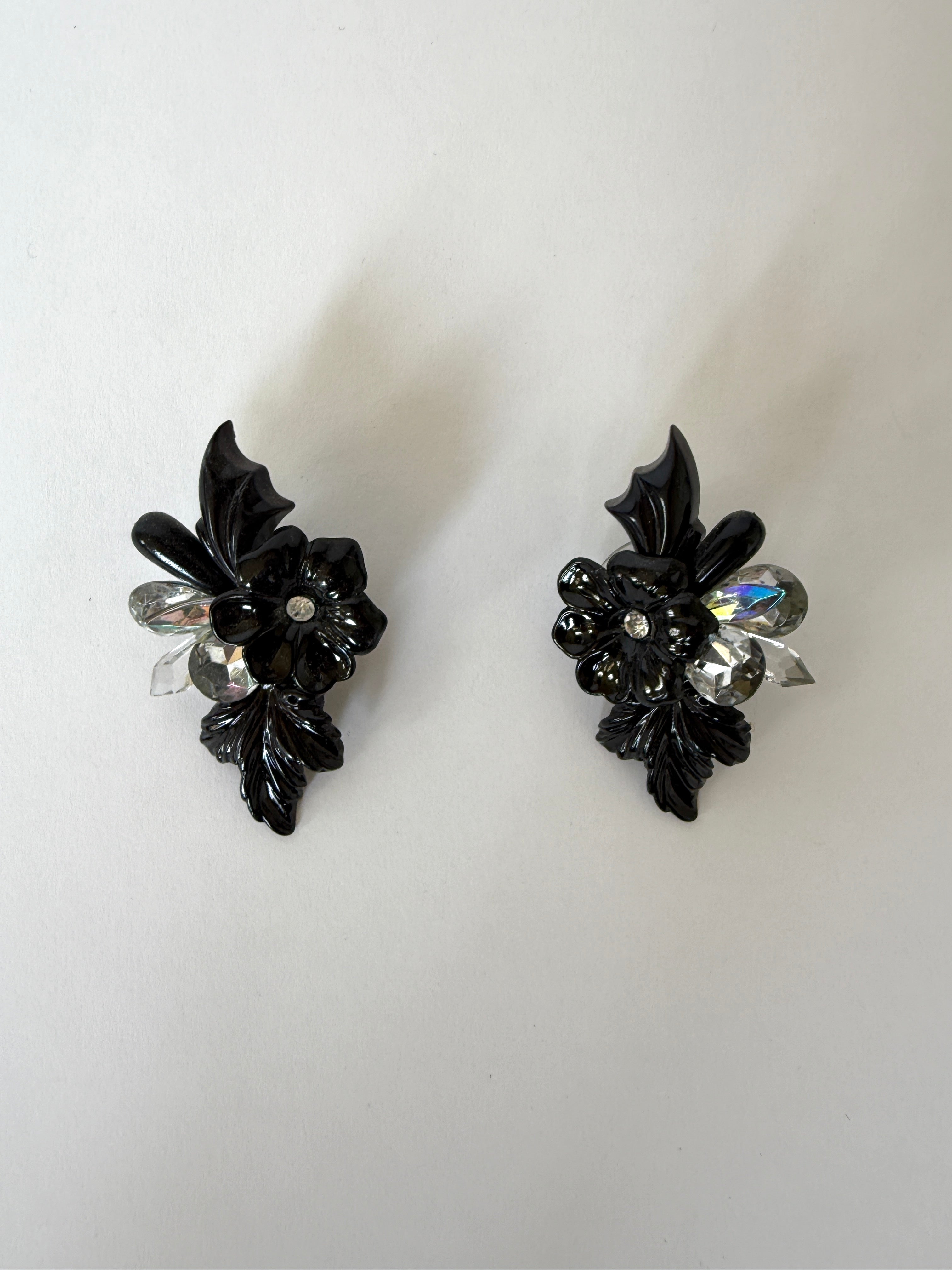 Vintage Floral Crystal Earrings Black