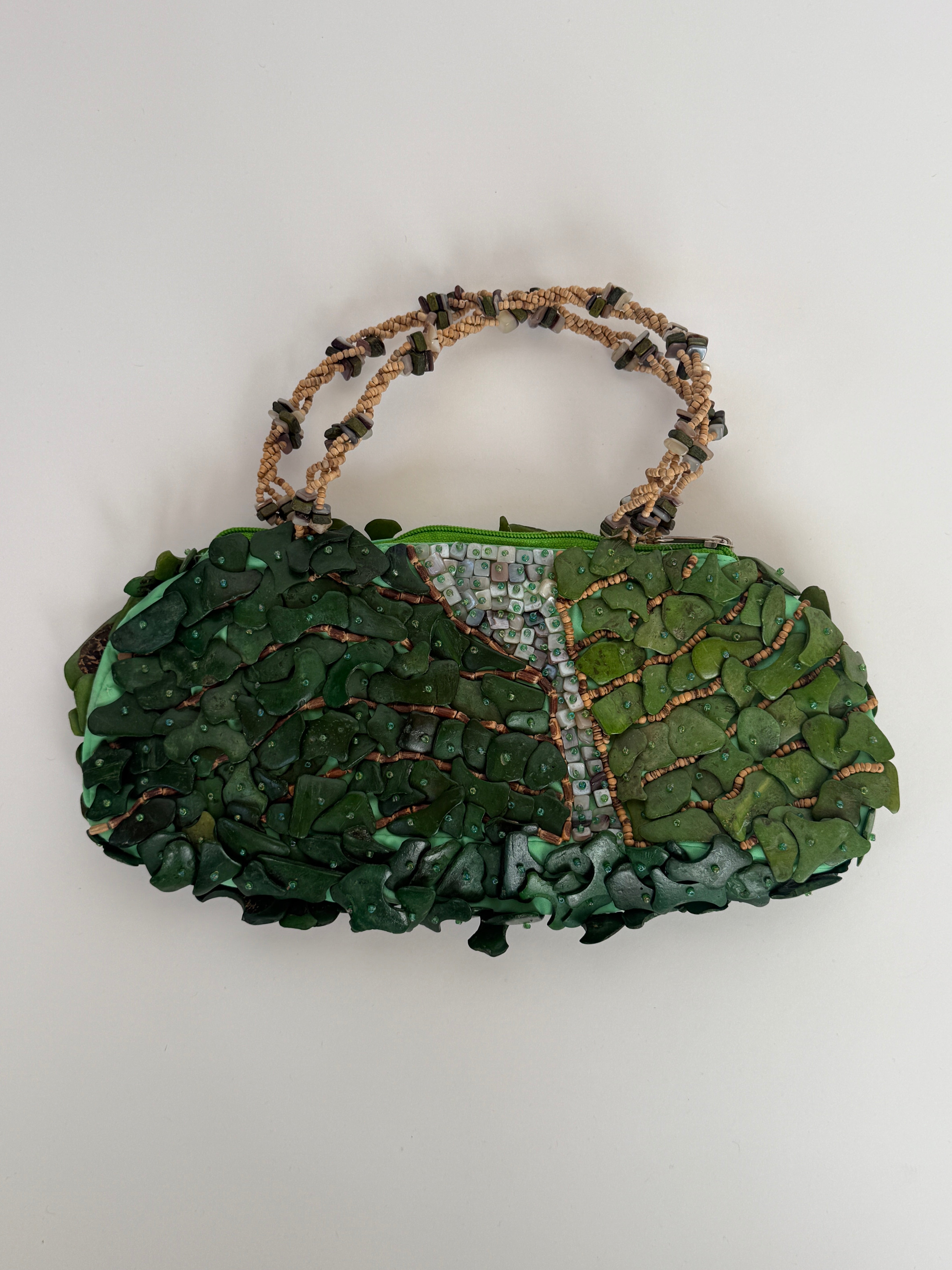 Vintage green beaded handbag front view