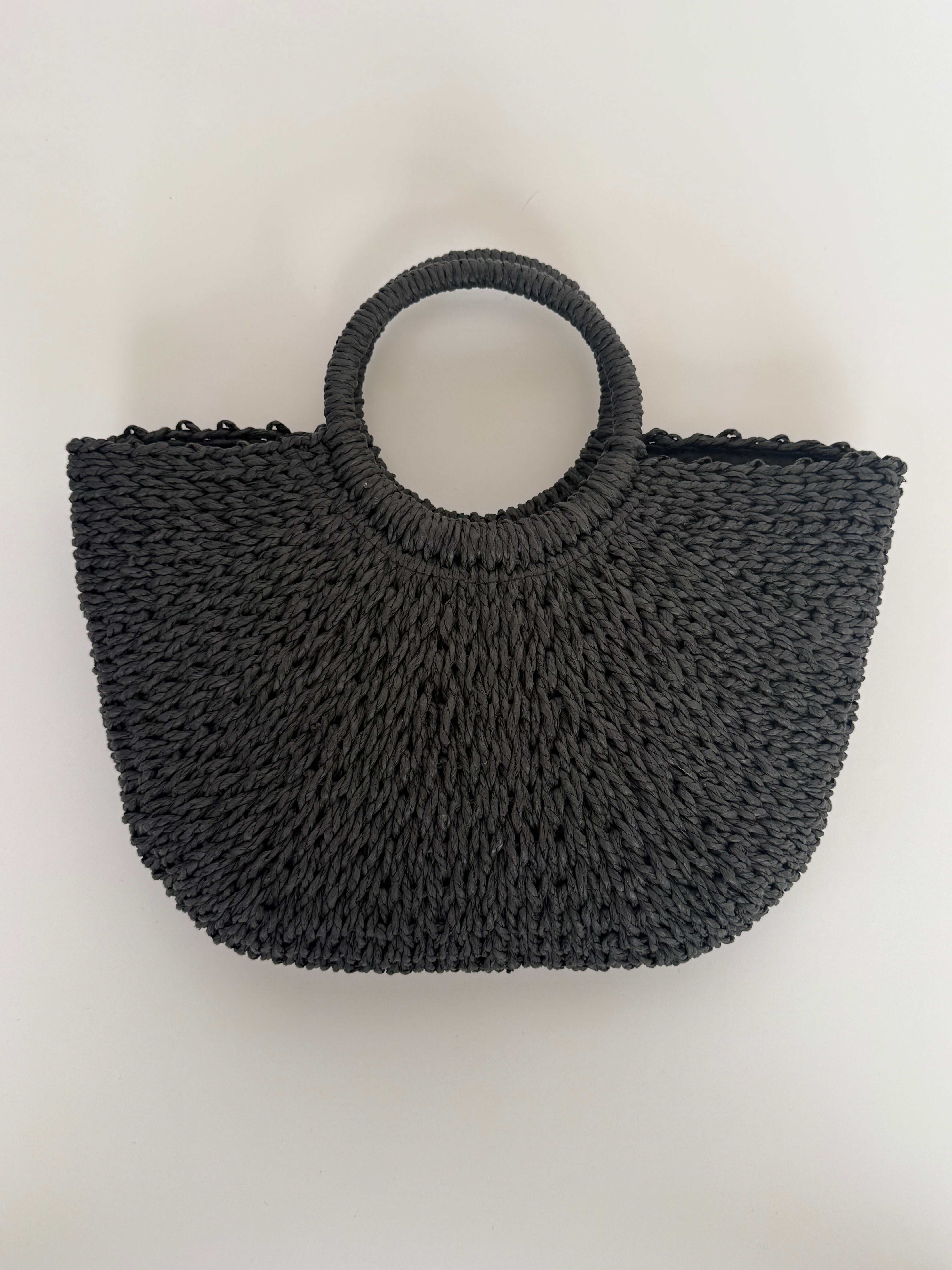 Vintage black woven straw half-moon handbag front view