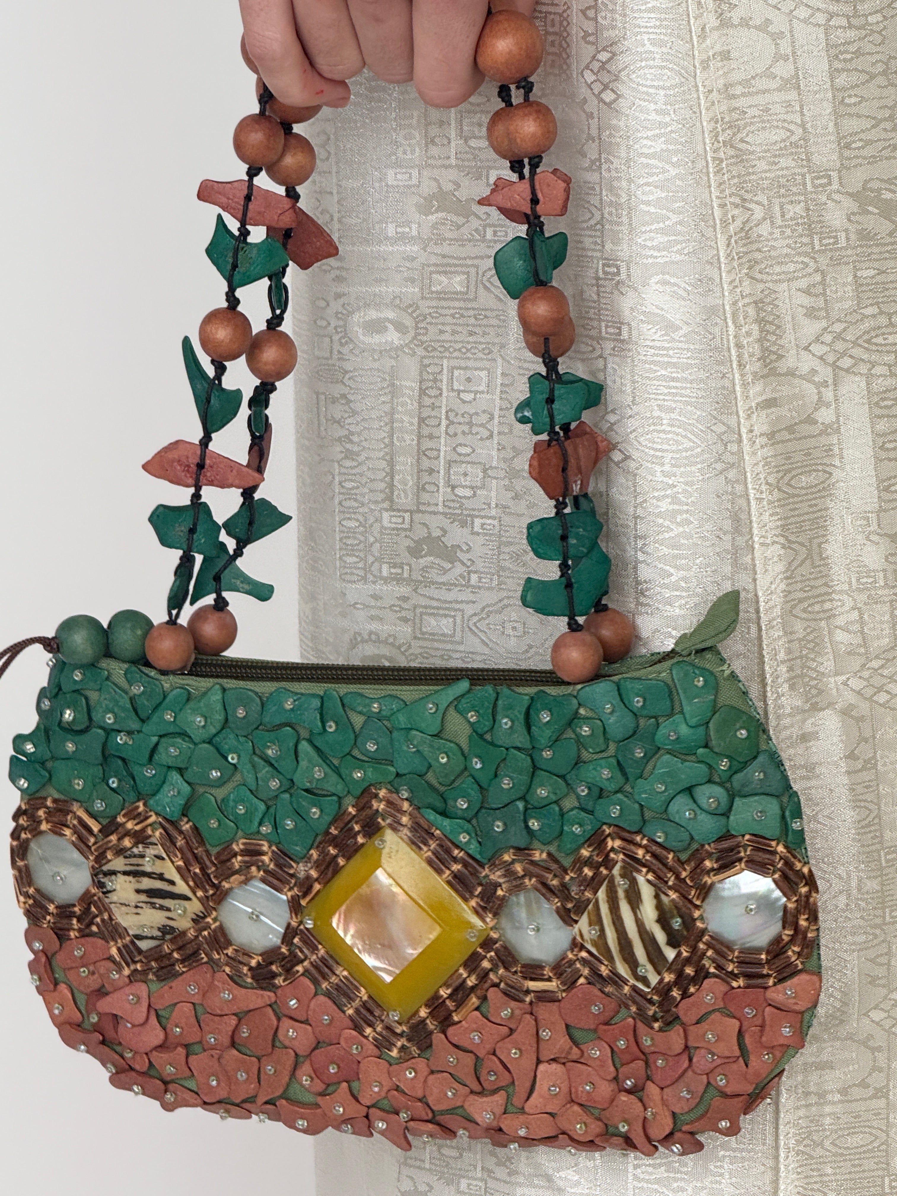 Vintage beaded handbag green brown side view
