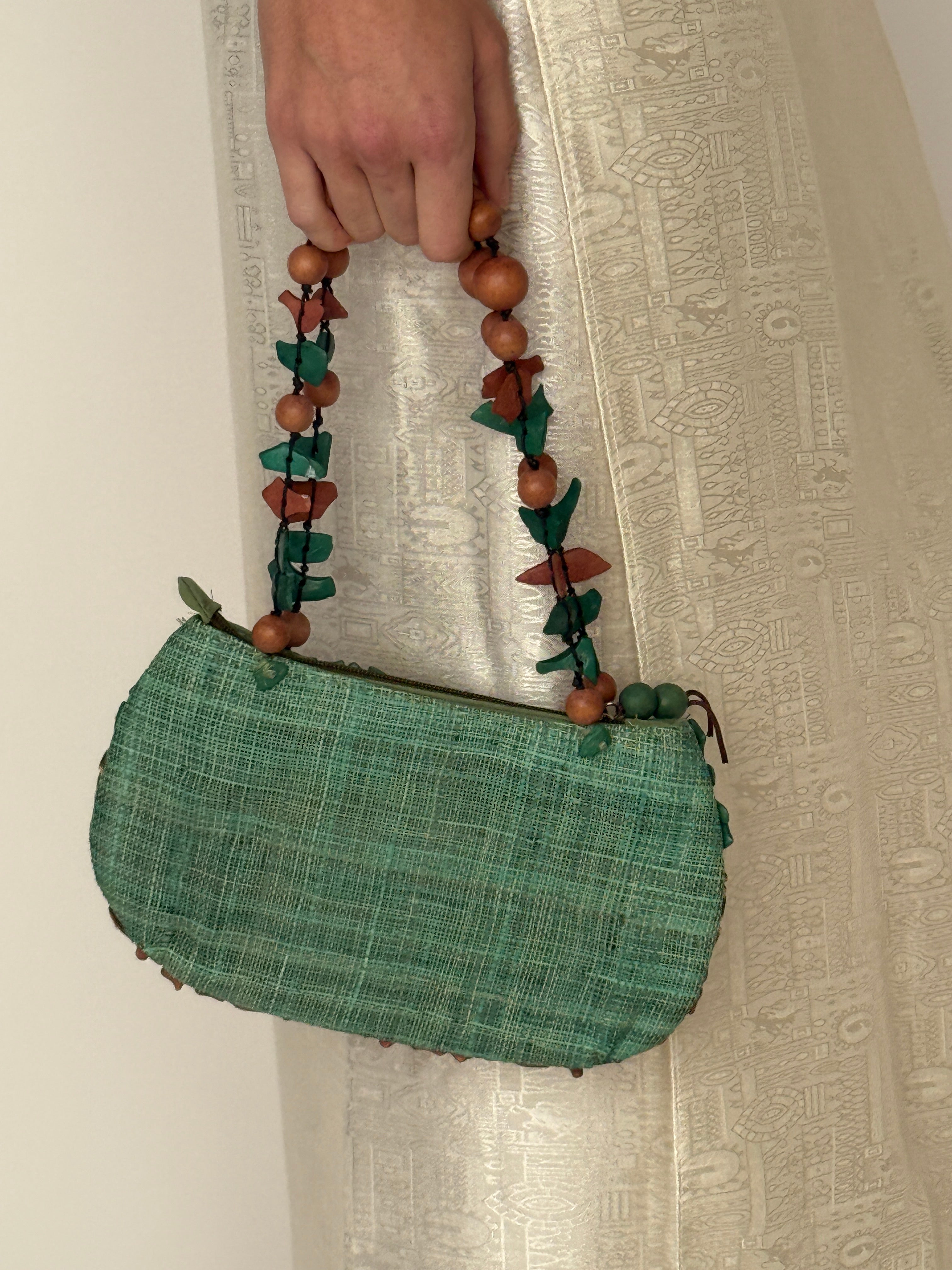 Vintage beaded handbag green brown back view