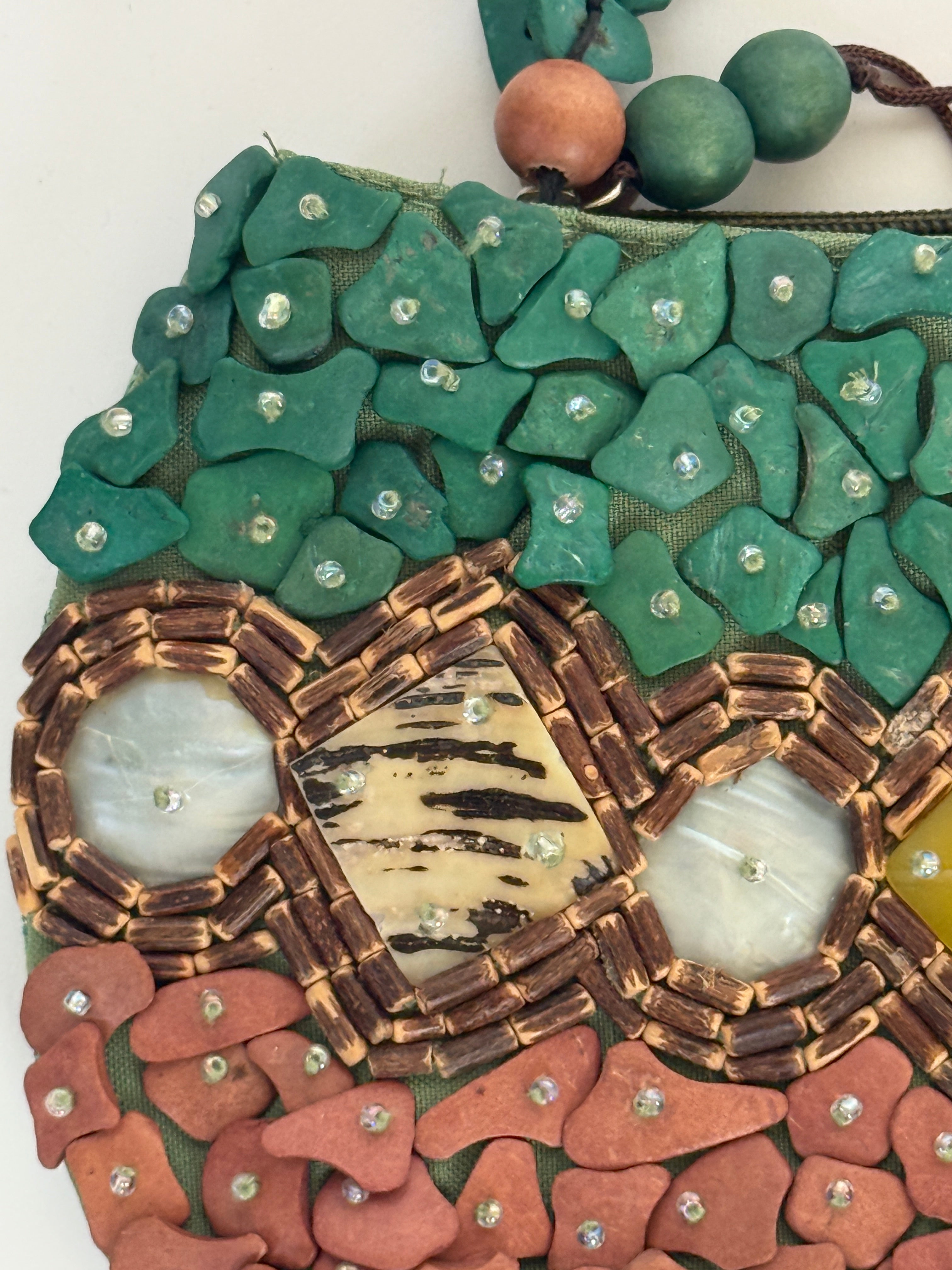 Vintage beaded handbag green brown stone embellishment detail