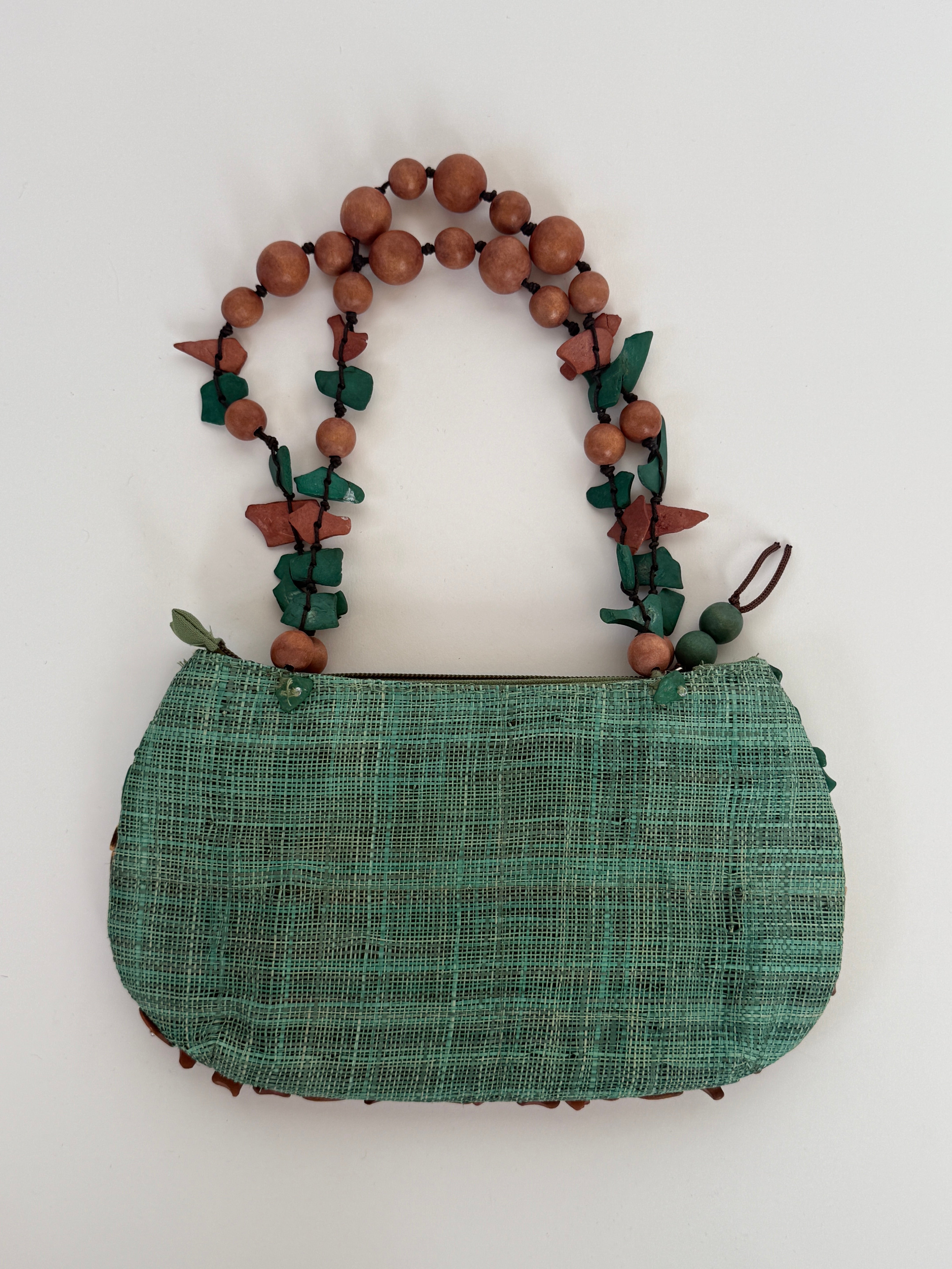 Vintage beaded handbag green brown back view