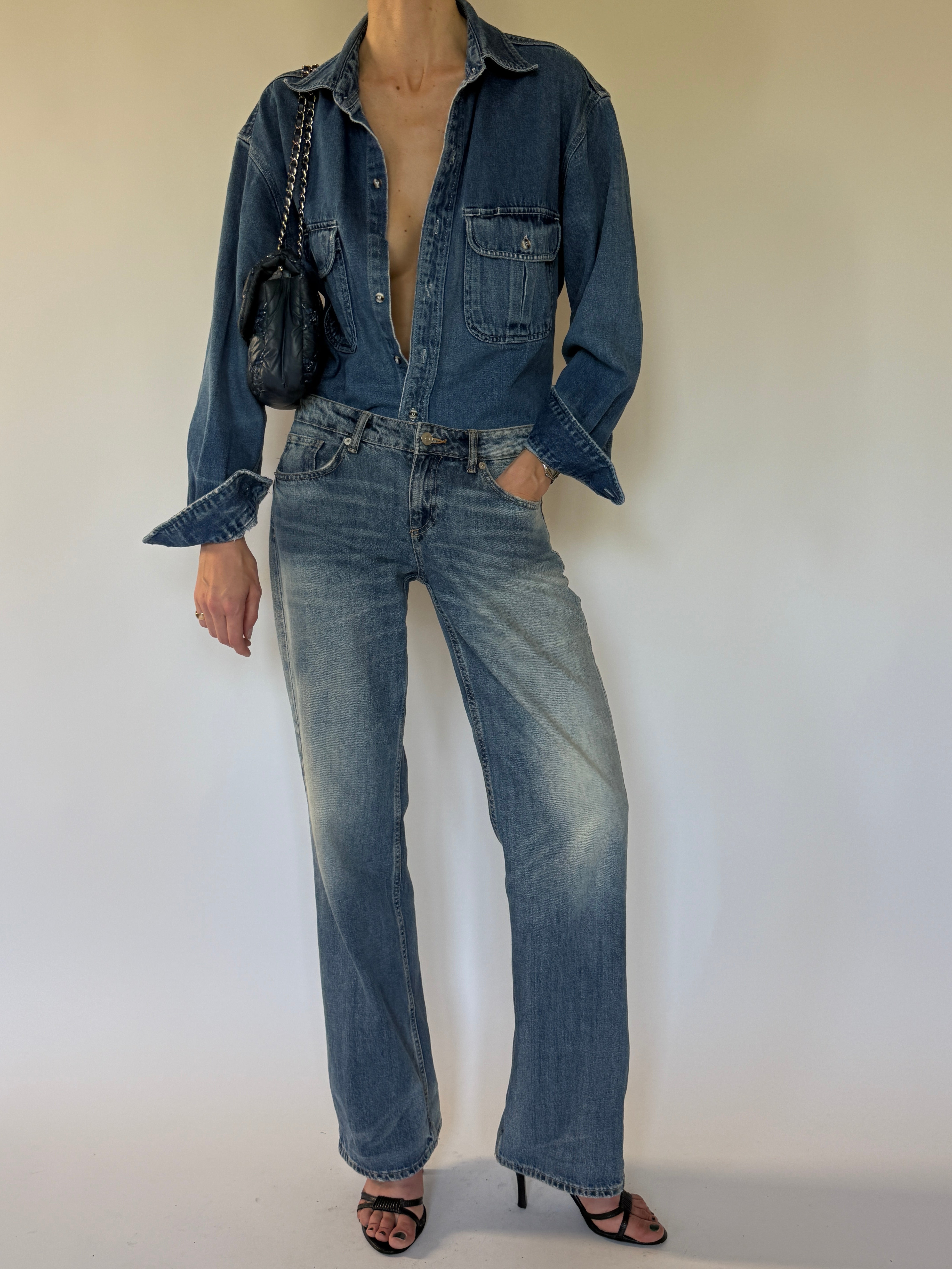 Vintage oversized denim shirt angled view