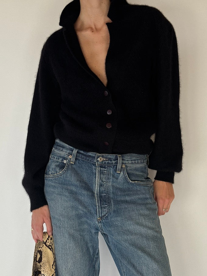 Vintage Black Button-Up Wool & Angora Cardigan