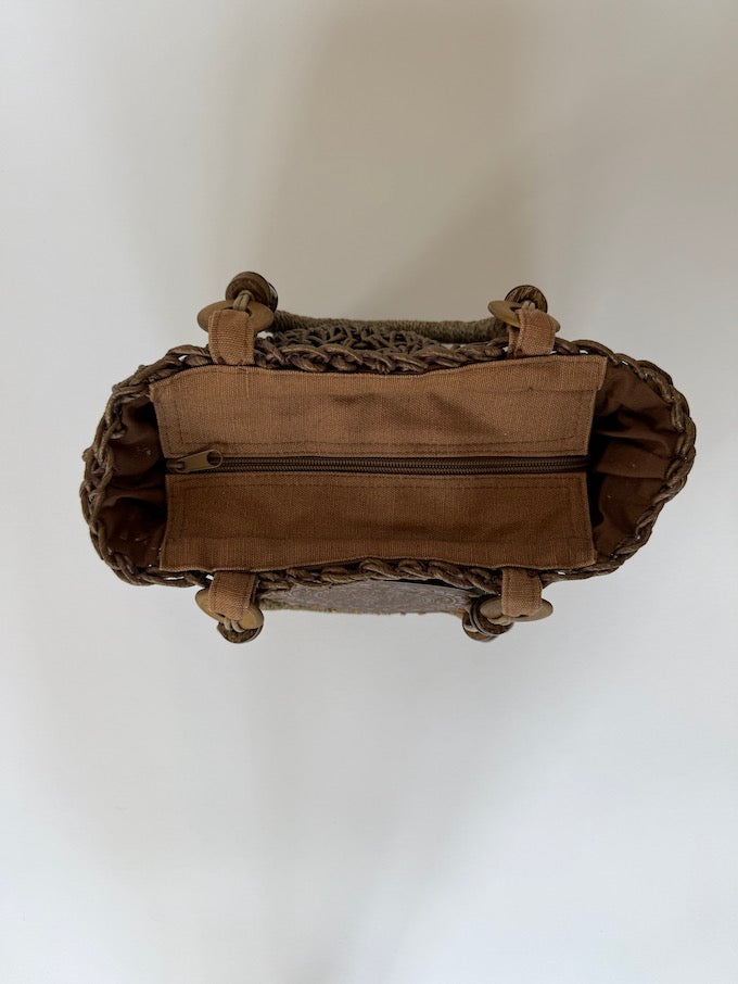 VINTAGE RAFFIA TOTE with beads & seashells brown